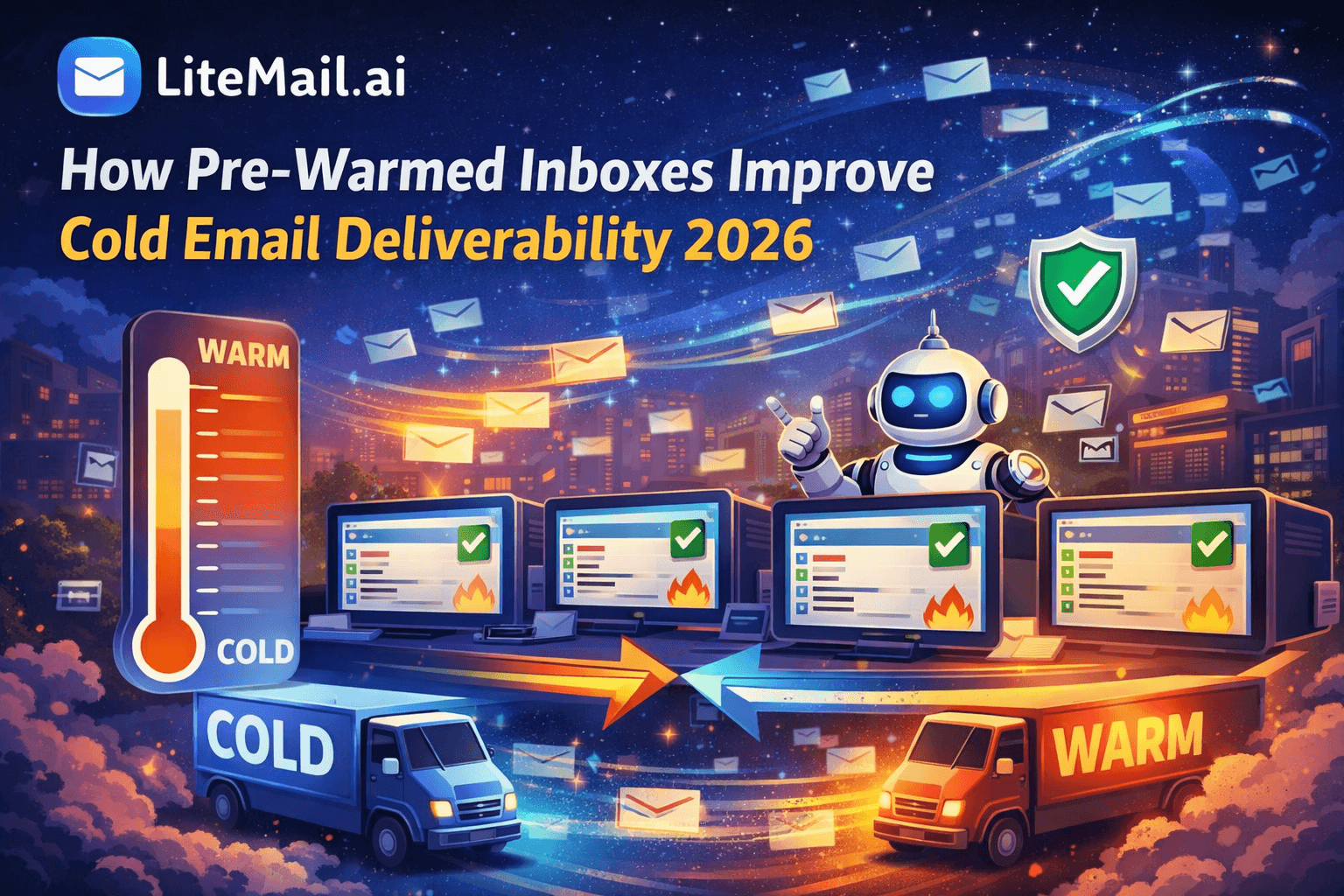 LiteMail.ai showing how pre-warmed inboxes improve cold email deliverability, featuring a glowing thermometer shifting from cold to warm, email icons flowing across a cityscape, inbox screens with checkmarks and flame symbols,