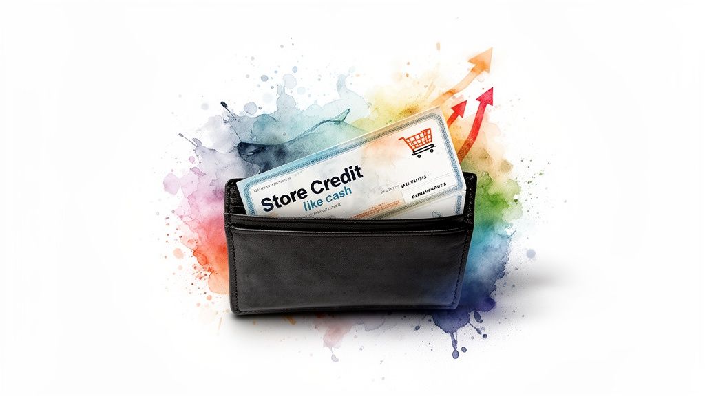 A black wallet with 'Store Credit like cash' cards, set against a colorful splash background with upward arrows.