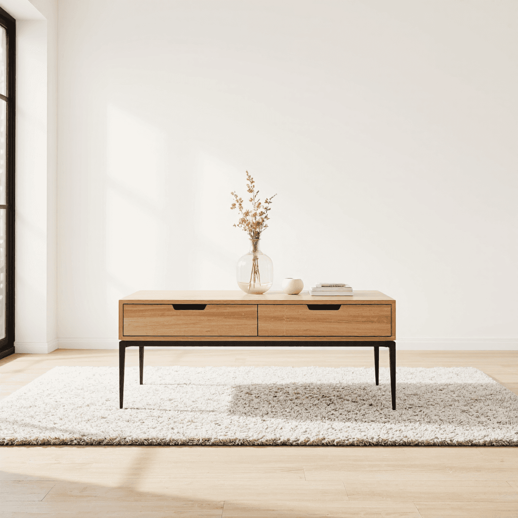 product photography of a coffee table with drawers, used for living room furniture