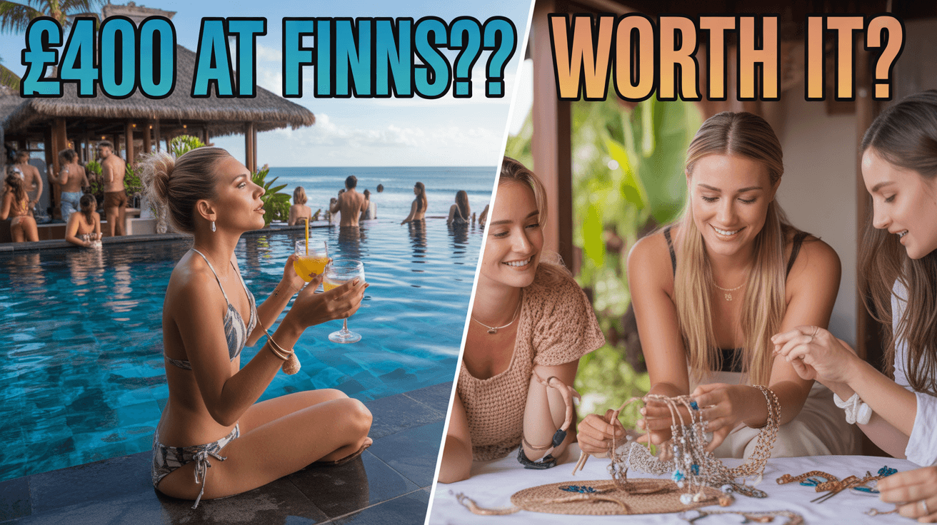 Split screen Bali beach club luxury versus cozy villa scene with 400 at FINNS and Worth it text