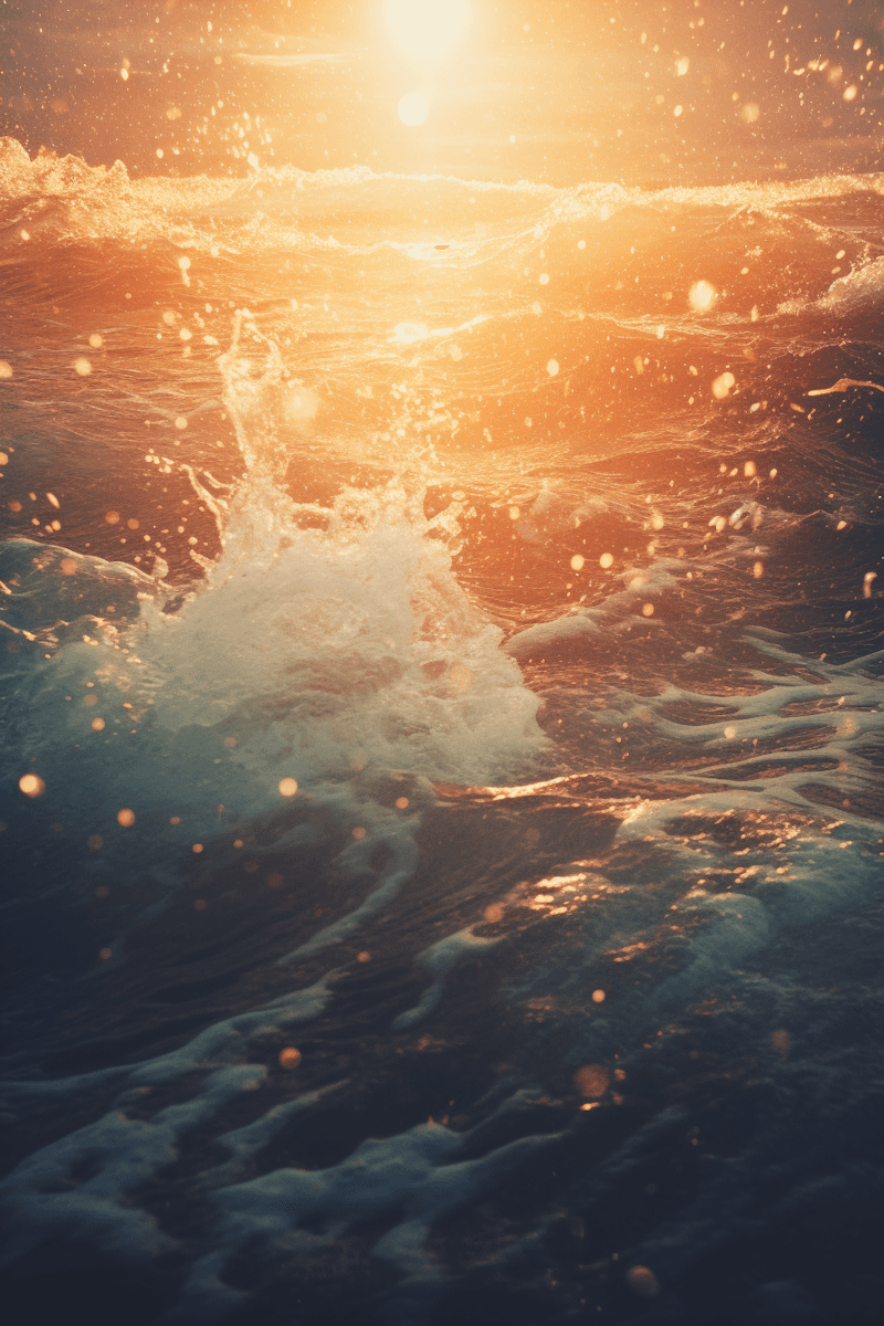 Sunlit waves crashing on the shore, symbolizing psychiatric care, emotional regulation, and resilience over time.