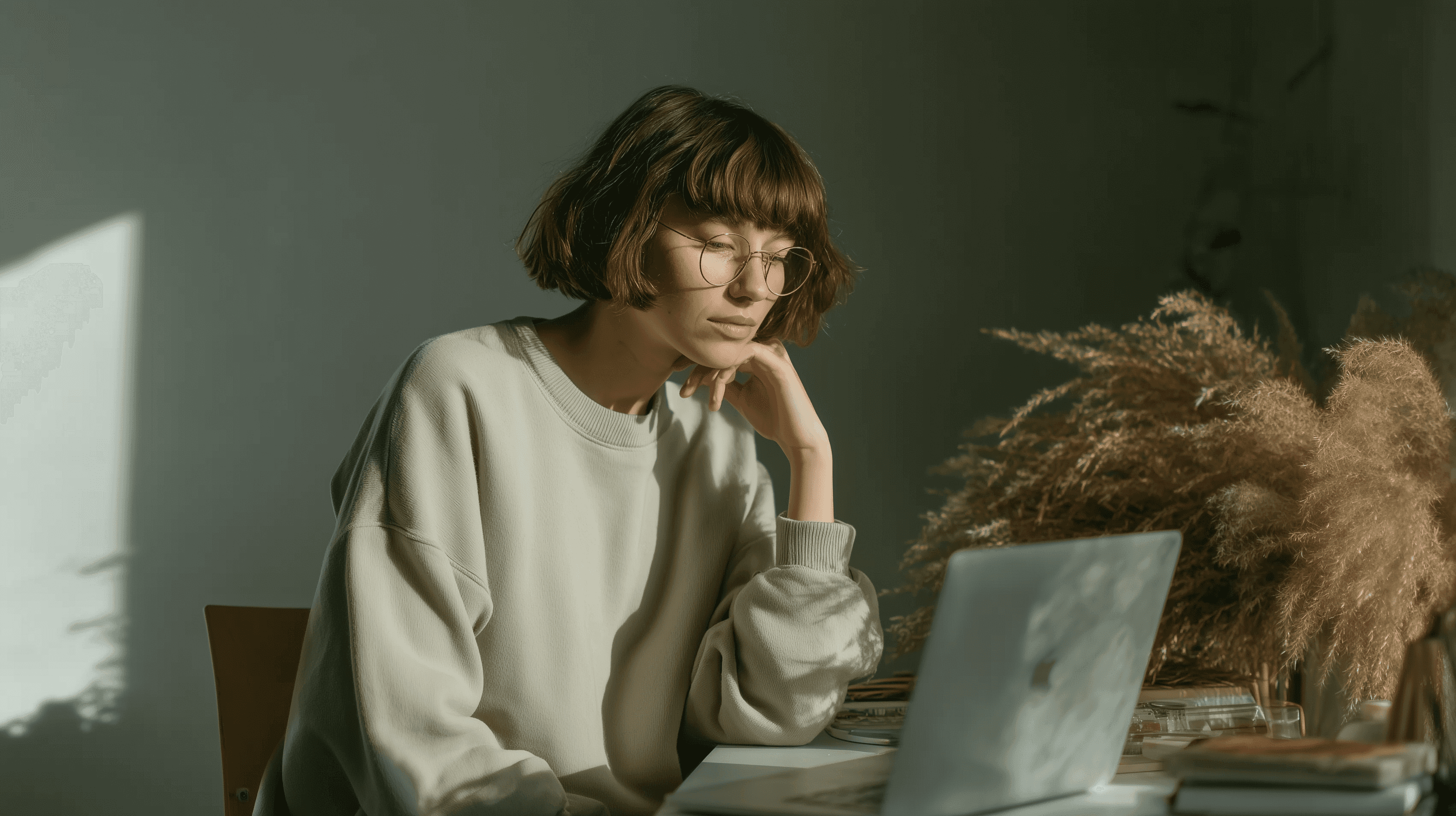 A person browsing a retreat website on a laptop in a cozy space, soft morning light, plant decor, clean modern aesthetic, sense of curiosity and exploration.