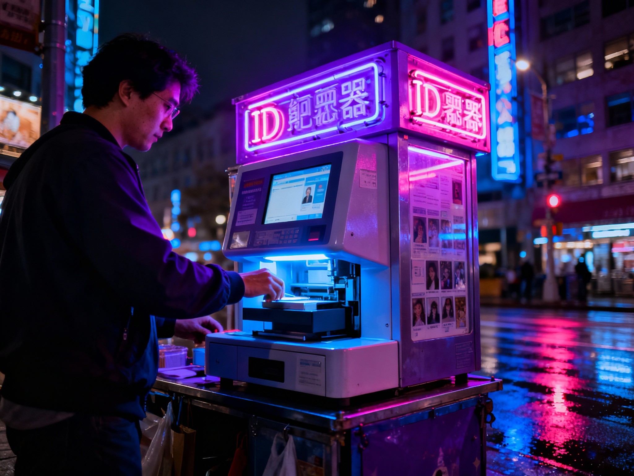 A wide editorial-style photograph taken at night on a bustling city street featuring a street vendor