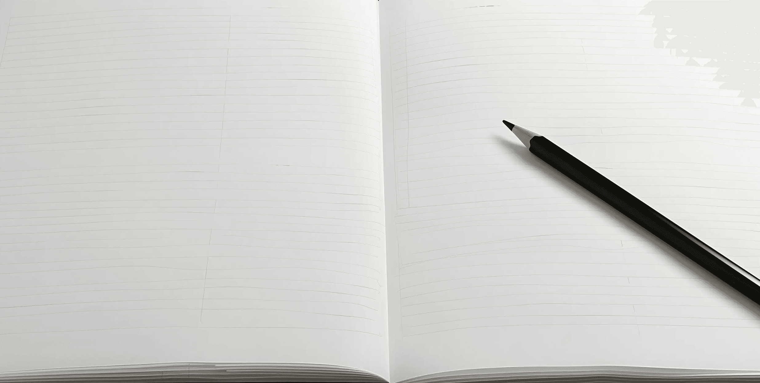 Top-down view of an open white notebook and a black pen on a clean surface.