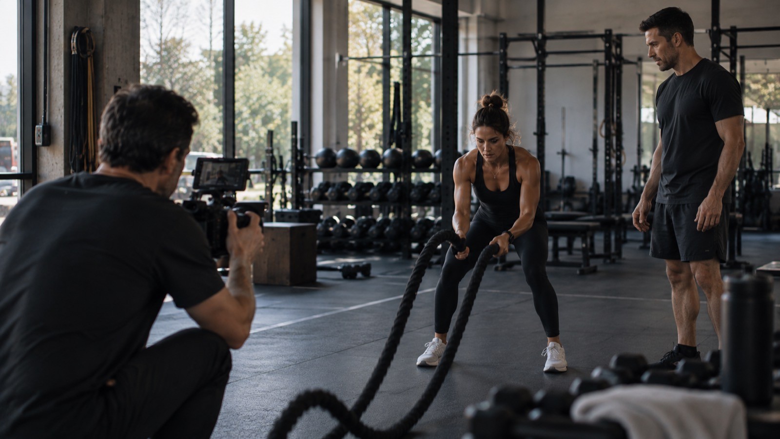 A fitness and wellness team producing performance content with an athlete in a training facility