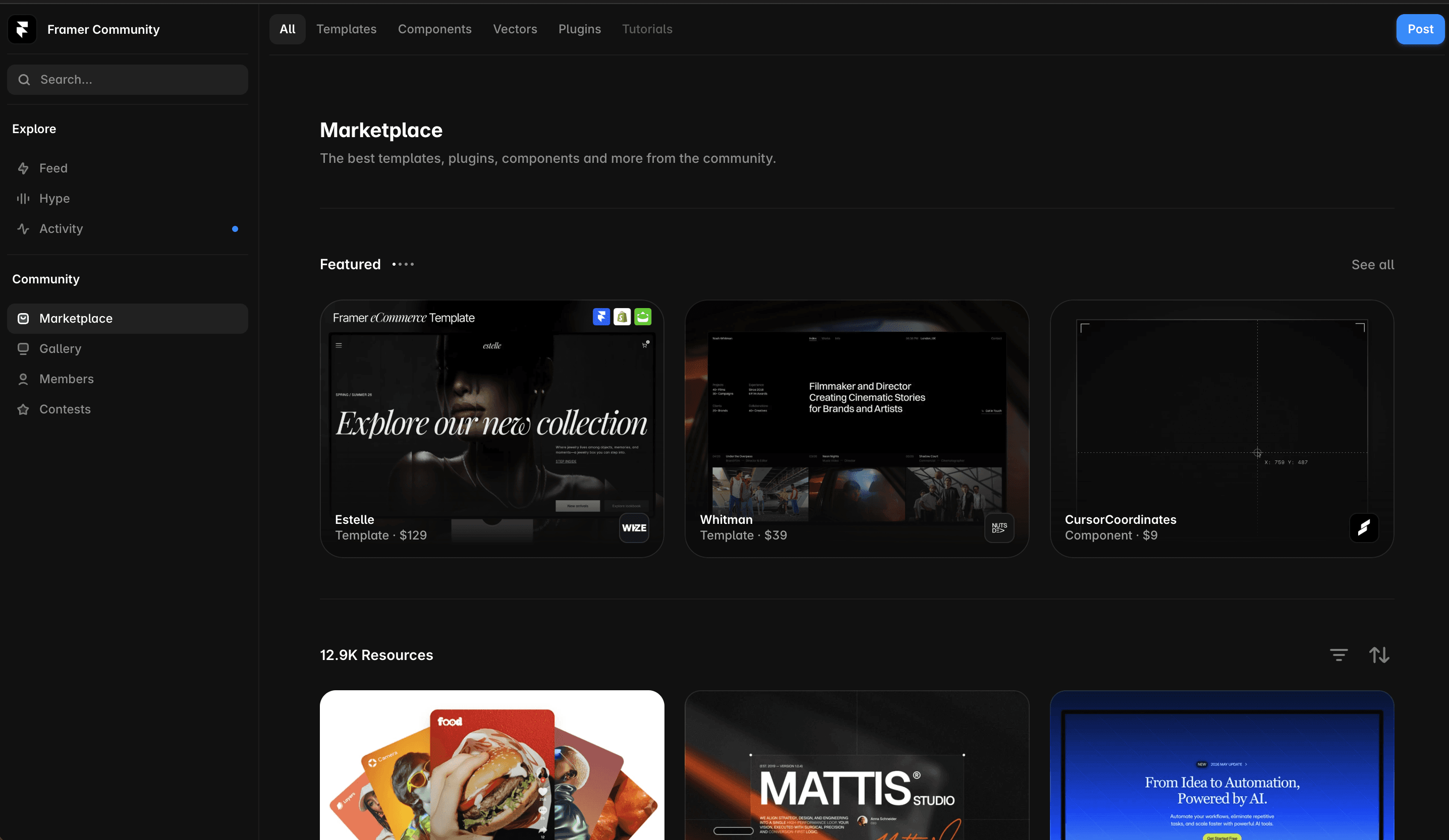 The rebuilt Framer Community Marketplace interface with featured templates and components and a left sidebar for Feed, Gallery, Members, and Contests