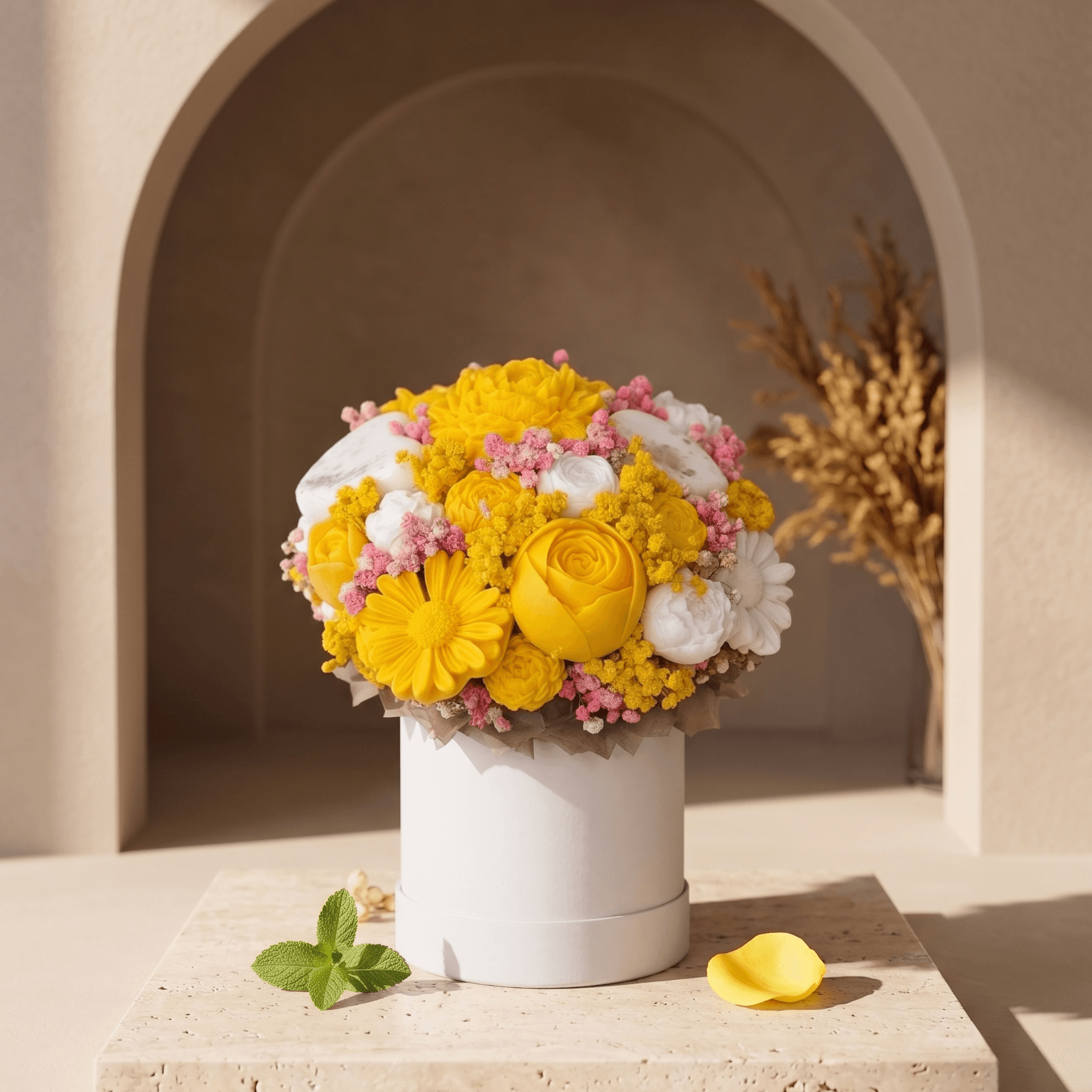S (12/15 fleurs) / Musk blanc & vanille / Jaune, bleu pastel, violet pastel, rose pale
