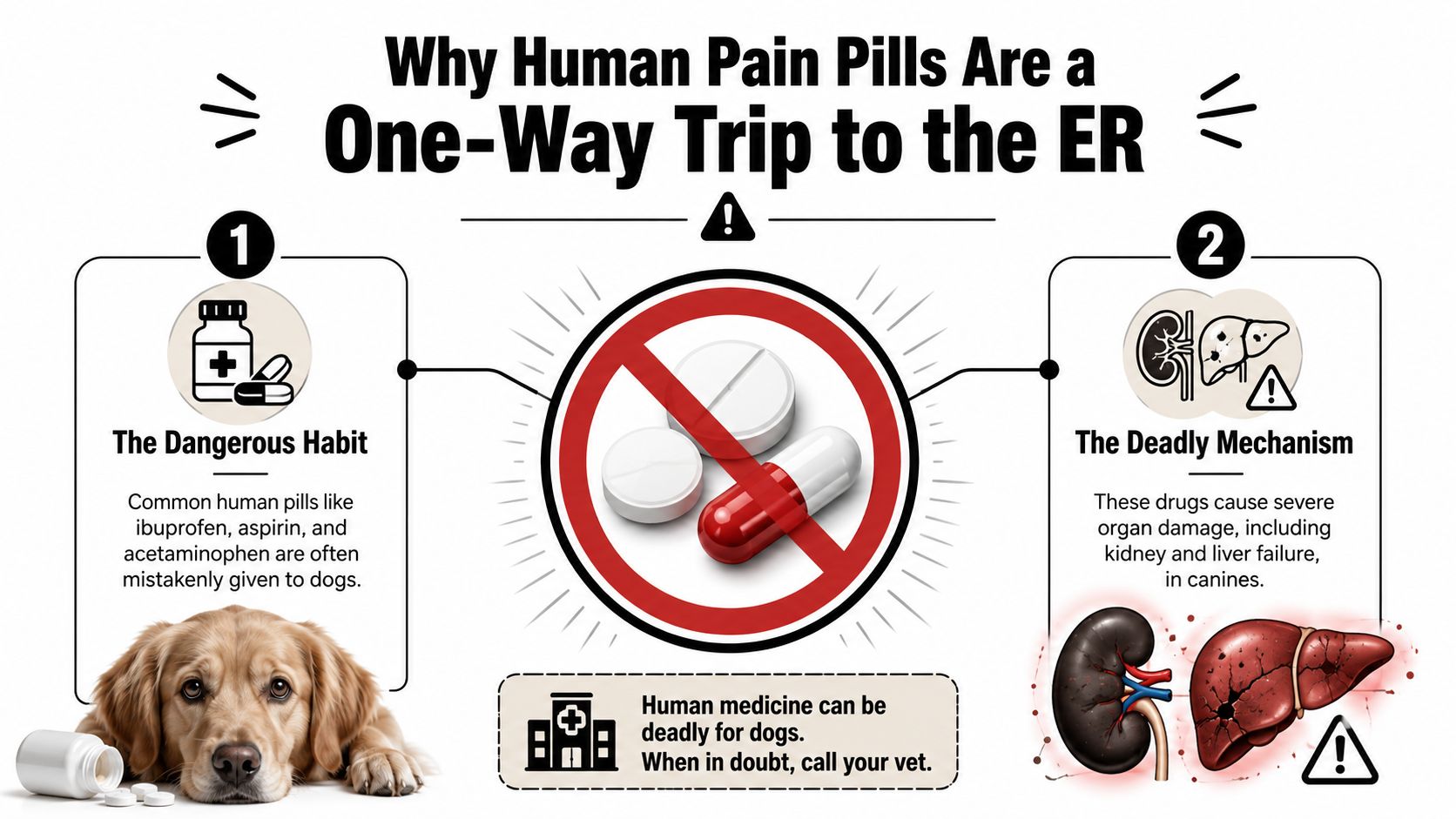 An infographic explaining why human pain medication like ibuprofen and acetaminophen is dangerous and toxic to dogs.
