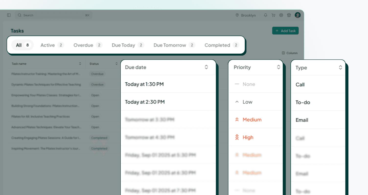 Tasks management and migration for fitness studios