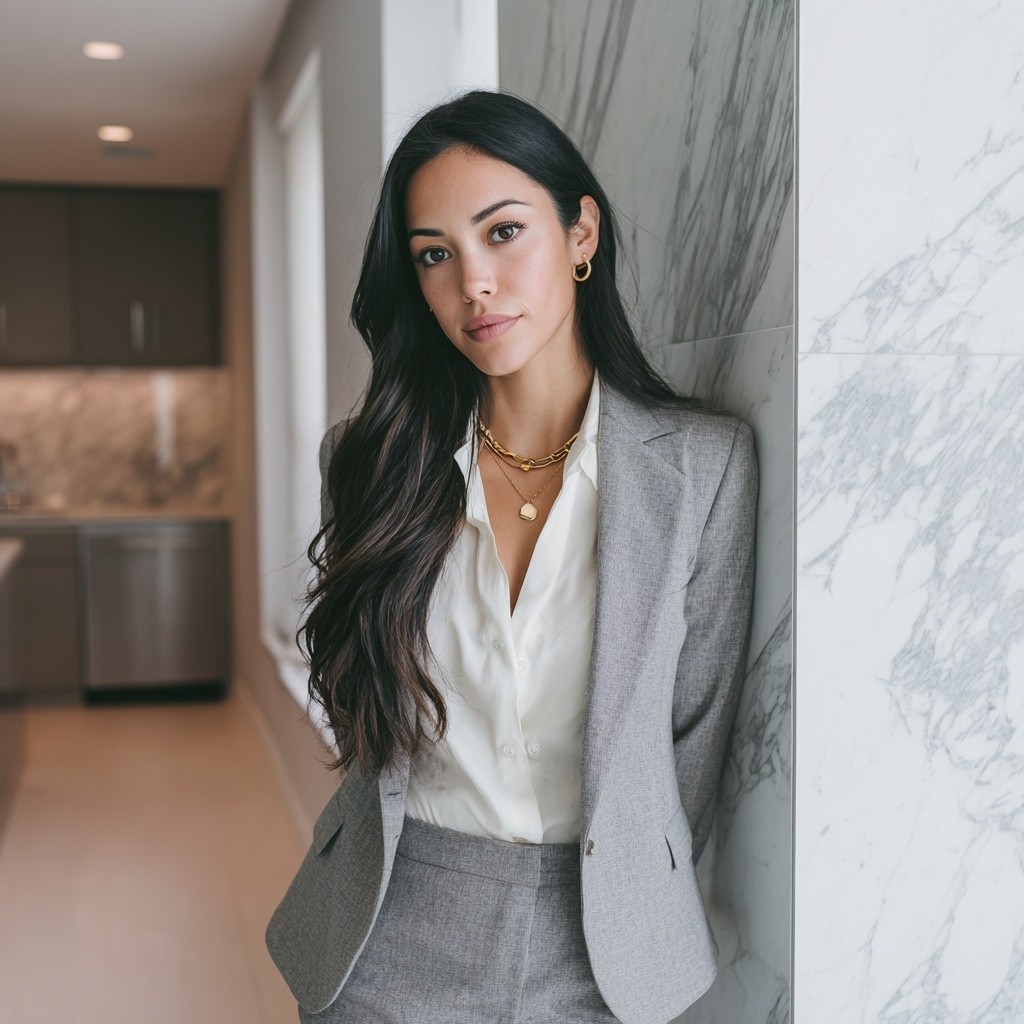 Confident woman in a tan suit holding a resume in a bright office, with colleagues working in the background.