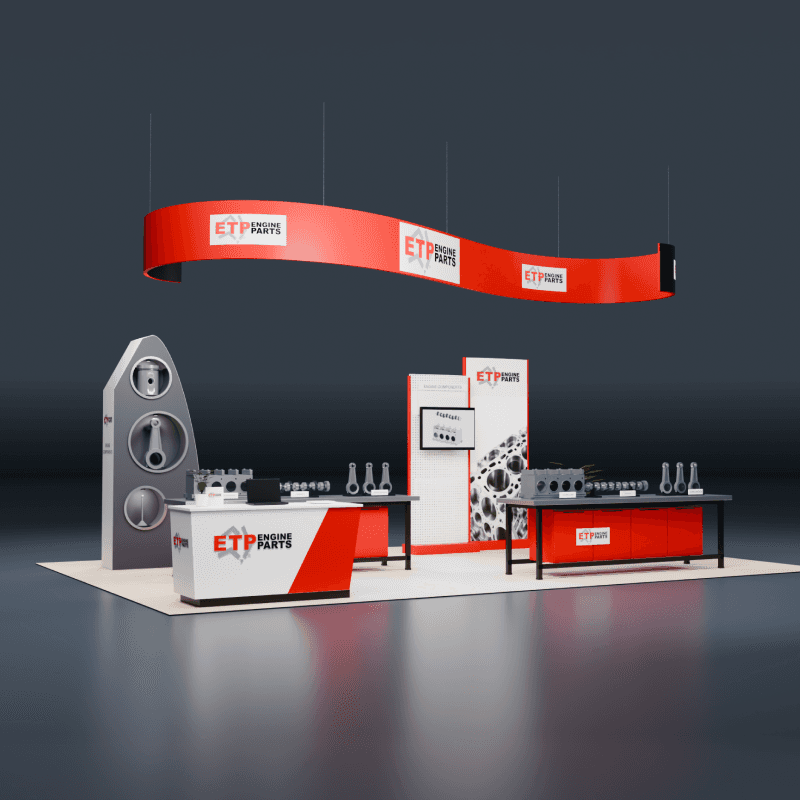 20x30 industrial equipment exhibit with product displays, reception, and integrated storage