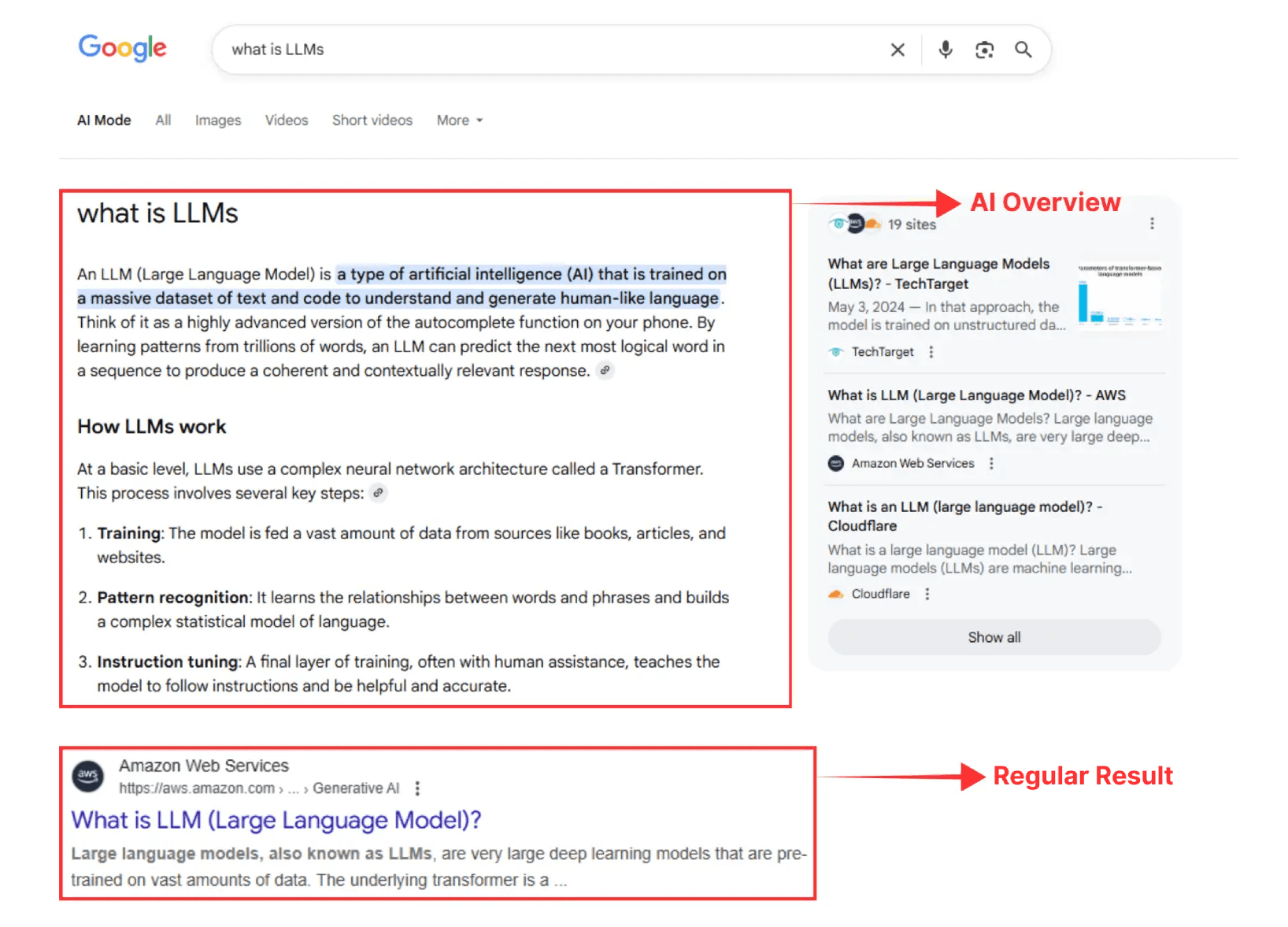 Image highlighting AI overview and regular results