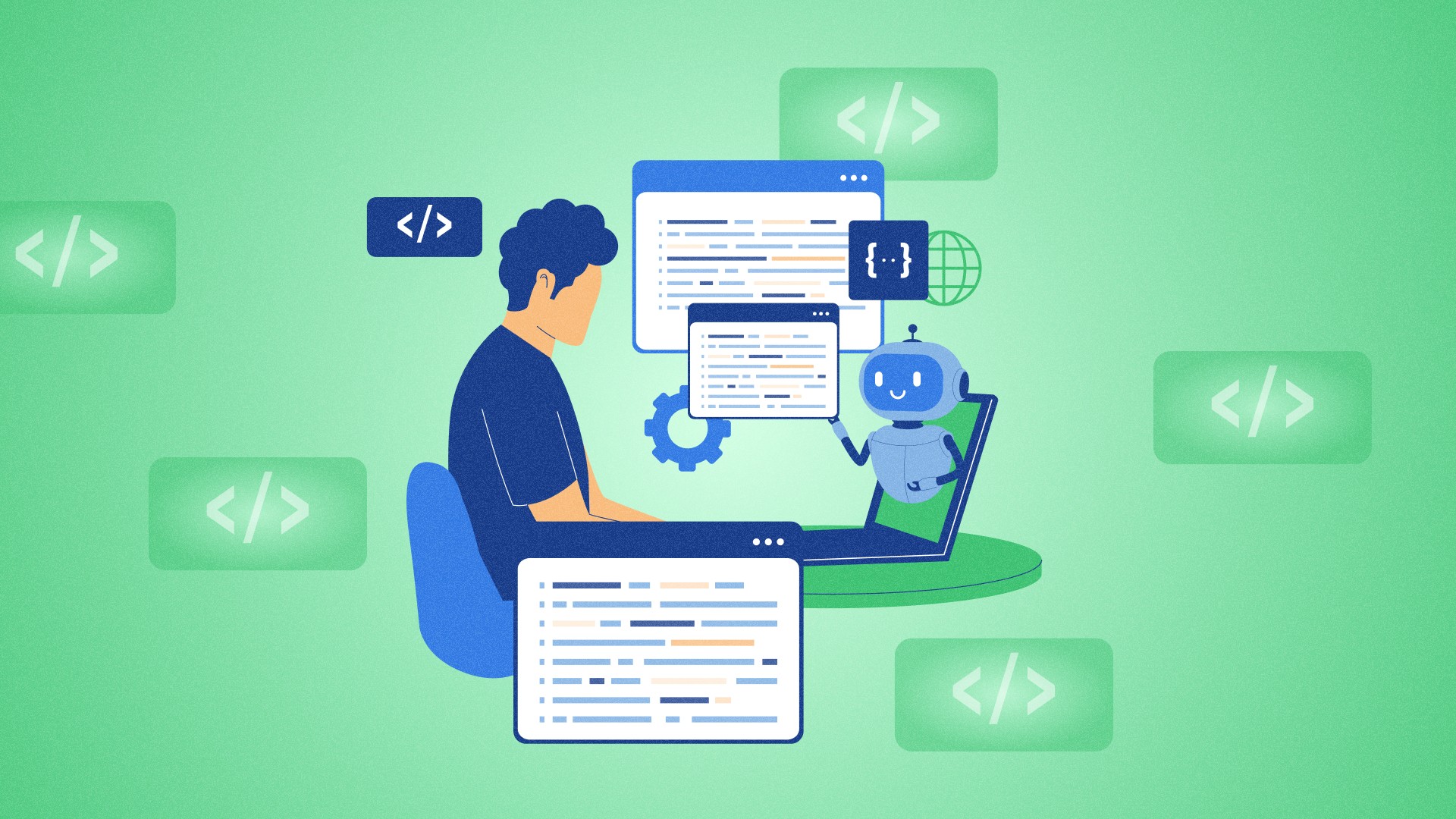 Fejlesztő kódol laptopon, mellette egy robot segít a munkában.