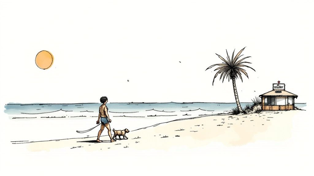 A cheerful cartoon shows a person walking a small dog on a sunny beach, past a palm tree and a beach shack.