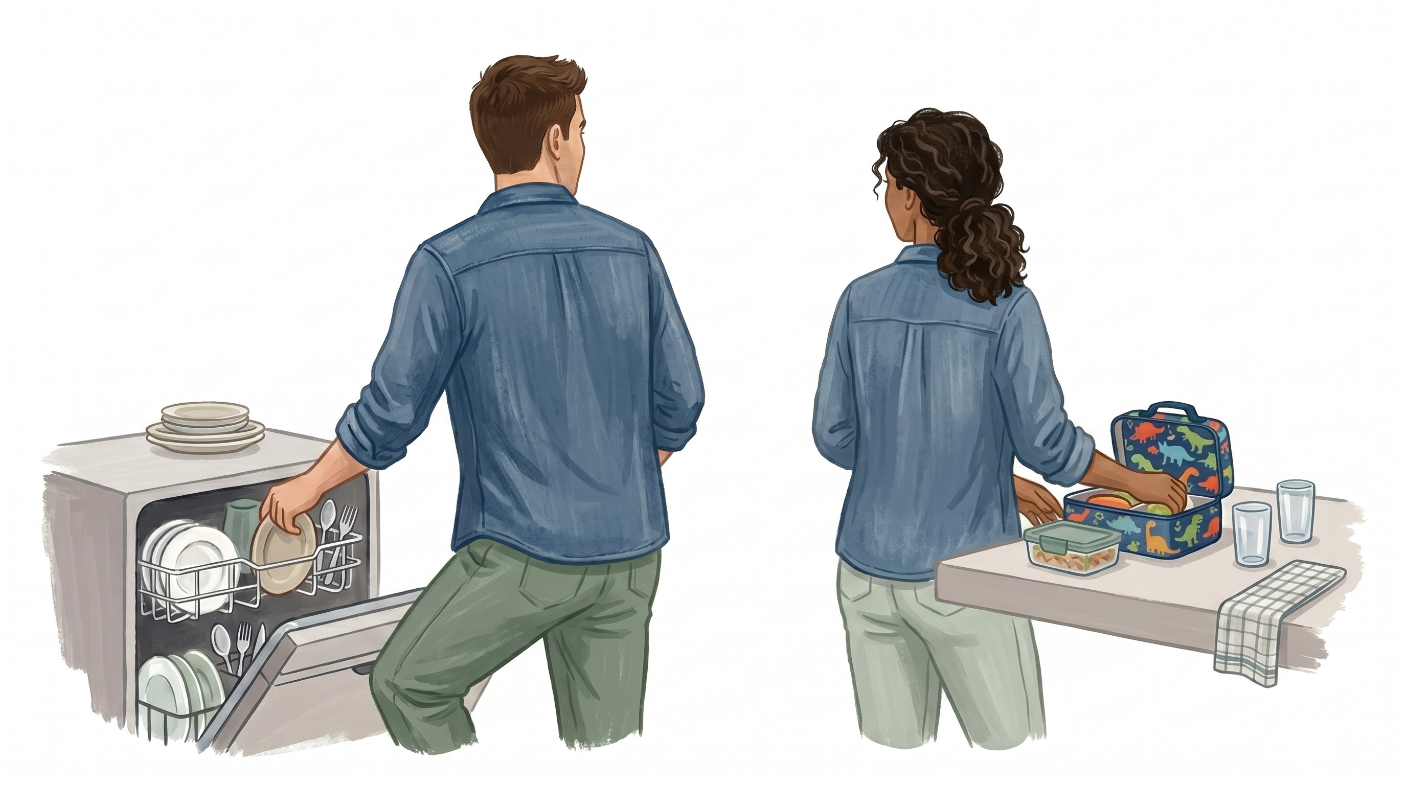 Two partners - one doing dishes, and the other packing kids' lunches
