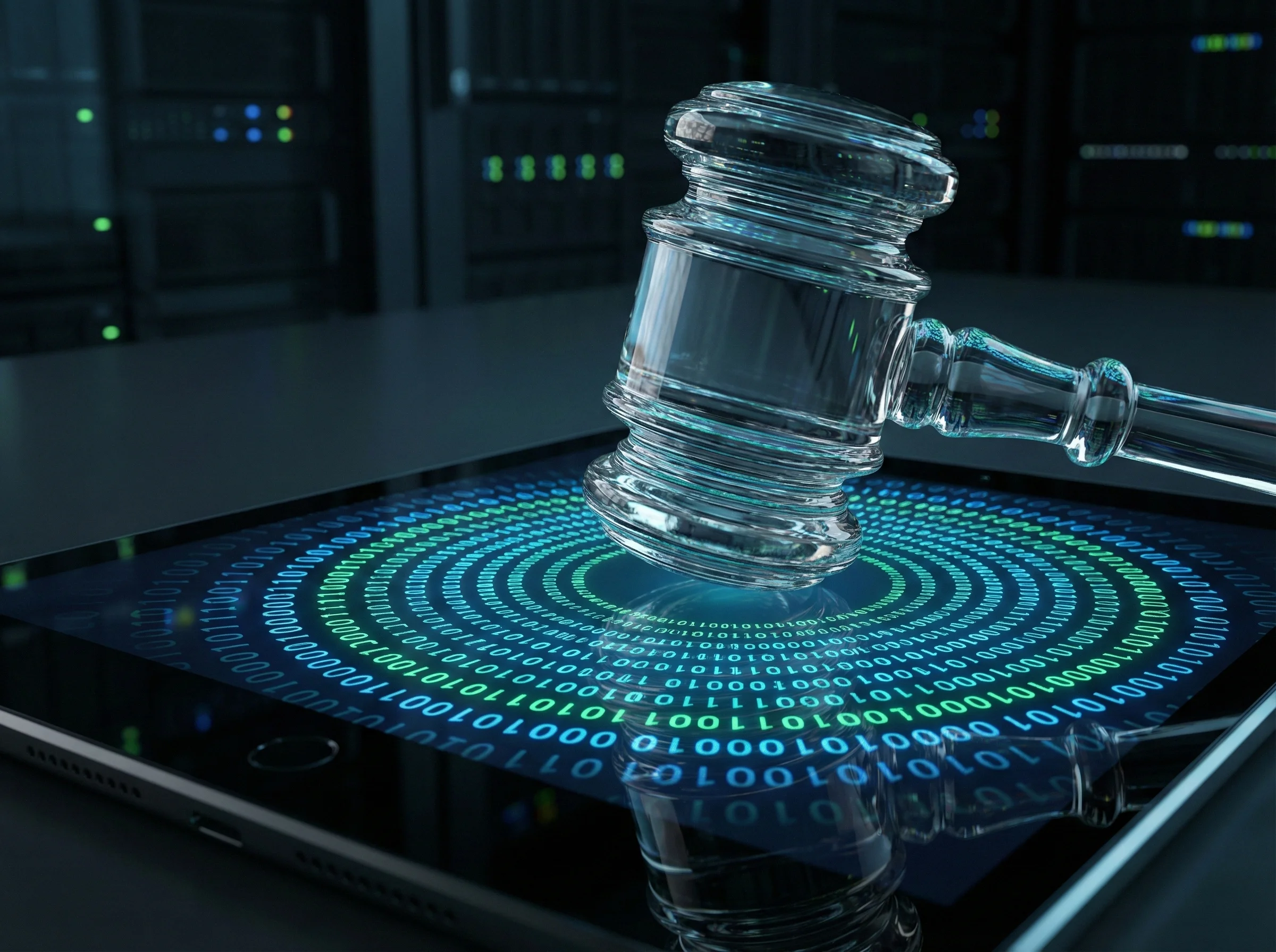 Hammer striking a digital surface representing modern digital law