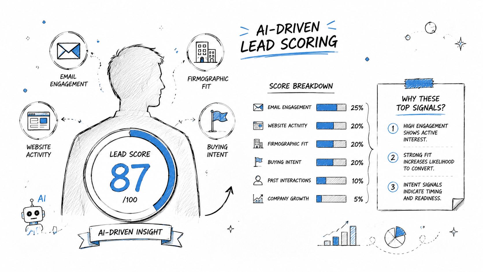 A hand-drawn illustration depicting AI-driven lead scoring with a central score of 87 and contributing factors.