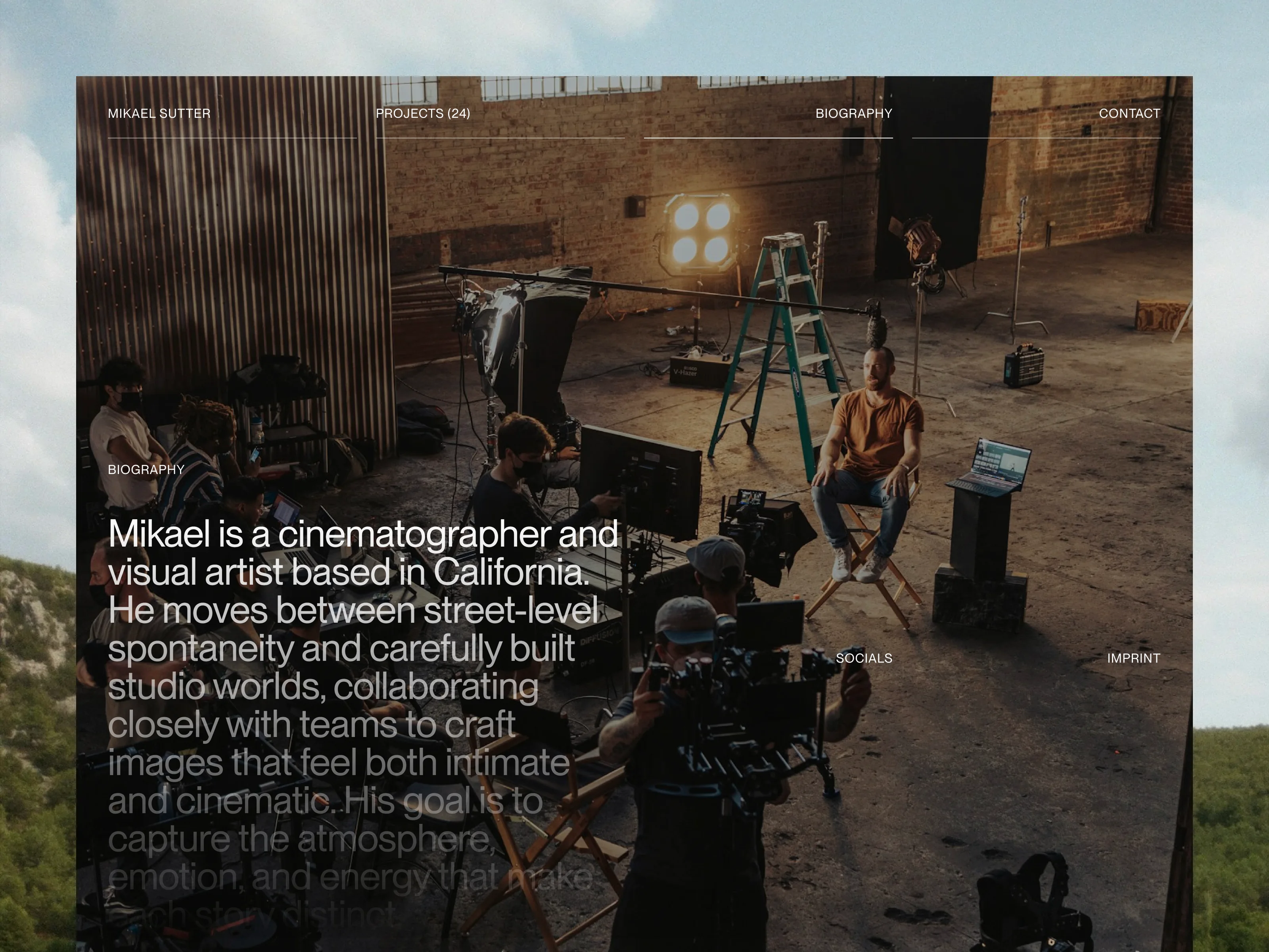 Mikael Sutter site with a film-set photo and bio describing him as a California cinematographer.