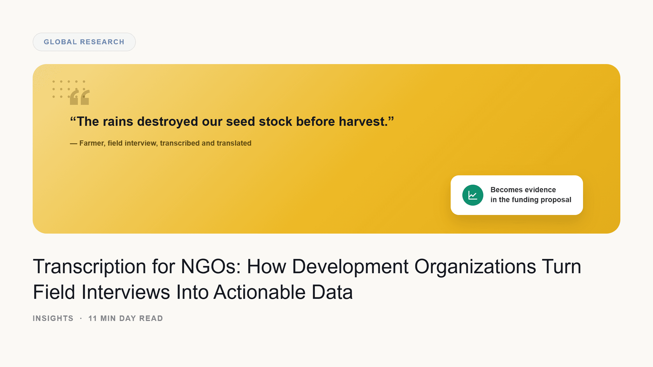 A farmer's quote on flooded seed stock, tagged as it moves from field interview to funding-proposal evidence — how NGOs turn field interviews into actionable dat