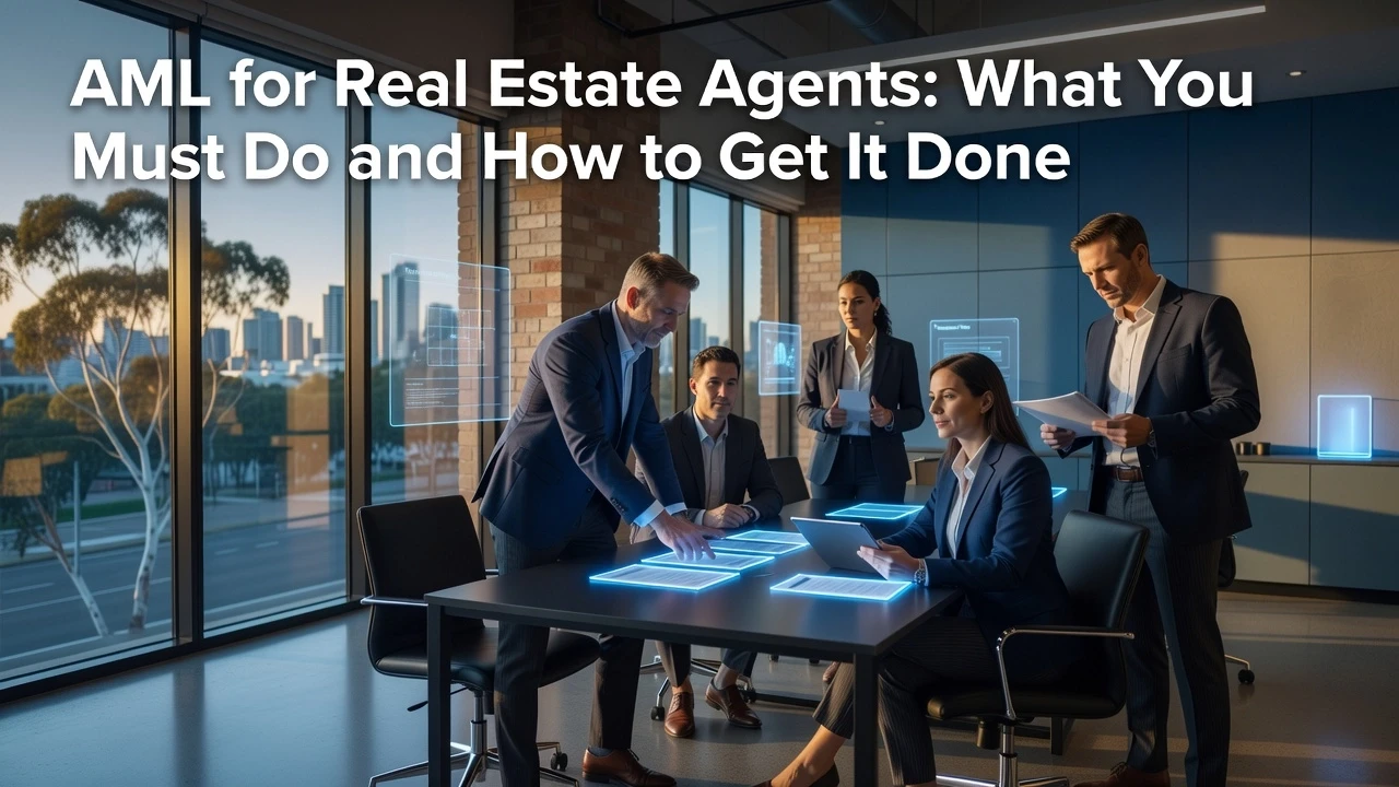 Professional header image for educational tutorial: AML for Real Estate Agents: What You Must Do and How to G...