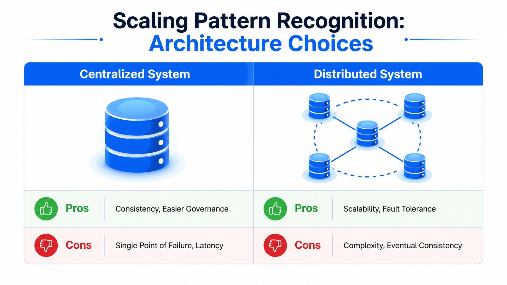 A comparison chart showing the pros and cons of centralized versus distributed system architectures for pattern recognition.