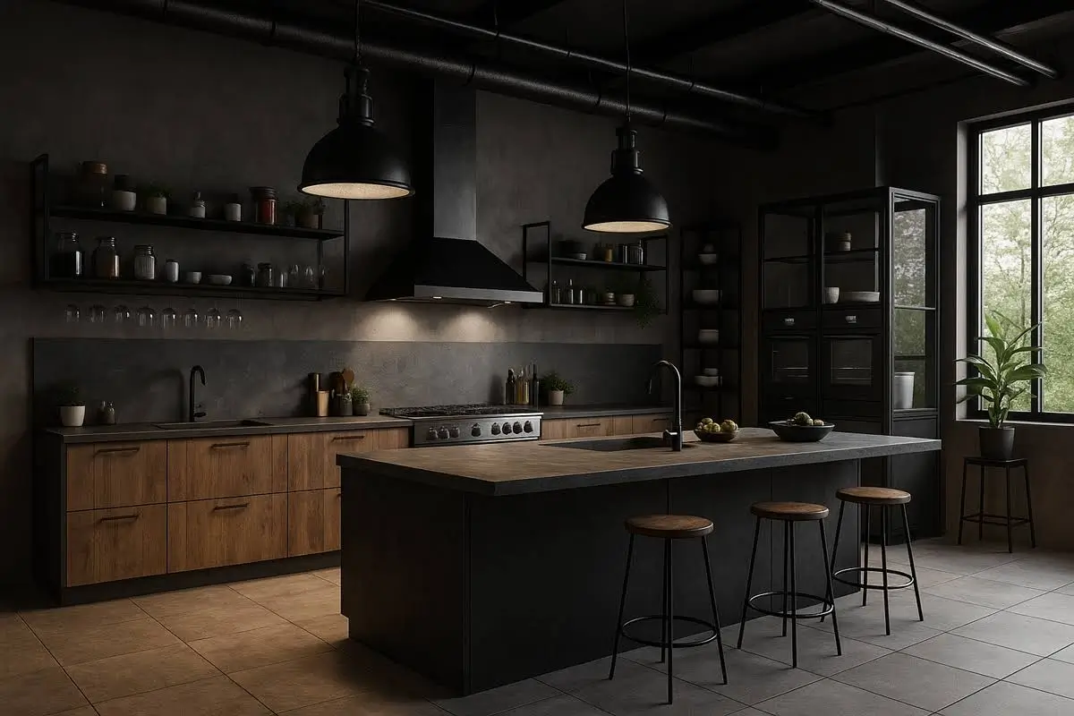 Premium κουζίνα industrial αισθητικής με νησίδα και ξύλινα στοιχεία