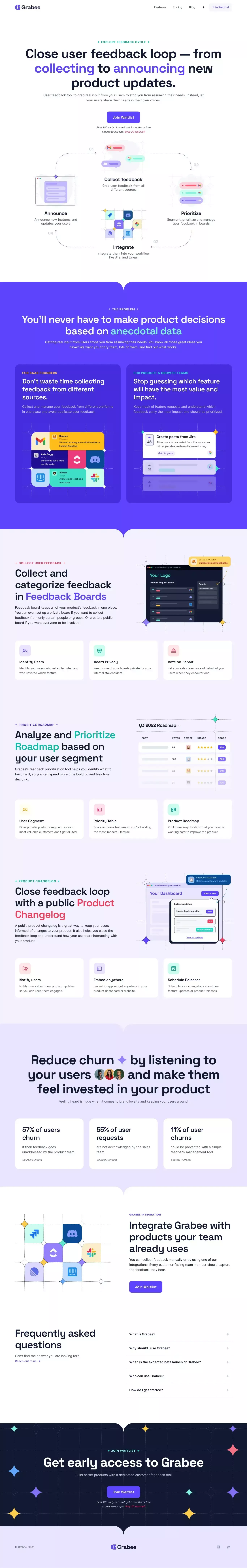 User Feedback, Roadmap and Changelog Too landing page screenshot showcasing Tech and Marketing design