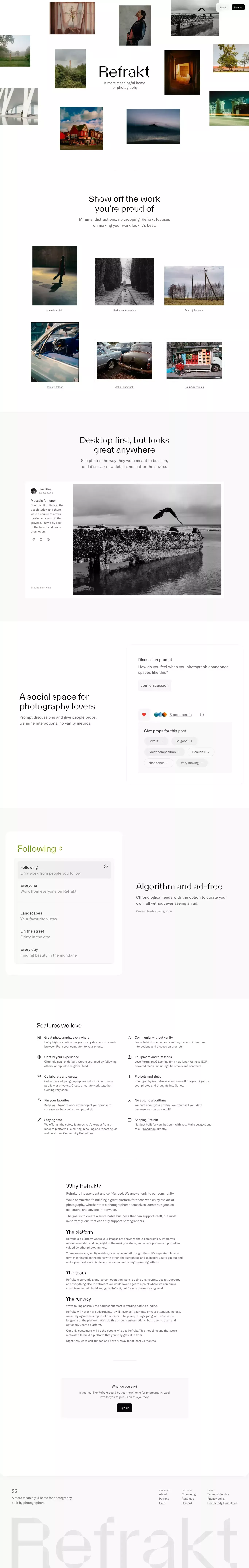 Refrakt landing page screenshot showcasing Photography and Tech design