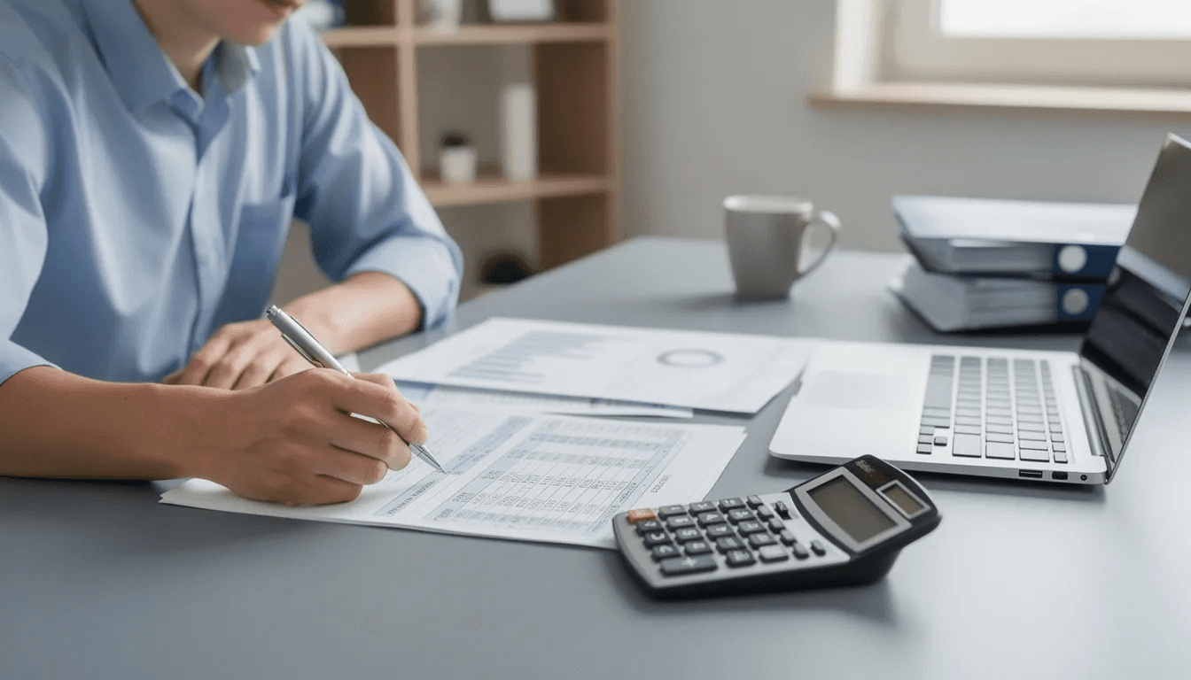 A person is seated at a desk, intently reviewing financial documents alongside a calculator, likely assessing their income tax liability and preparing for income tax return filing requirements. The scene suggests a focus on trust taxation and the management of trust assets for tax purposes.
