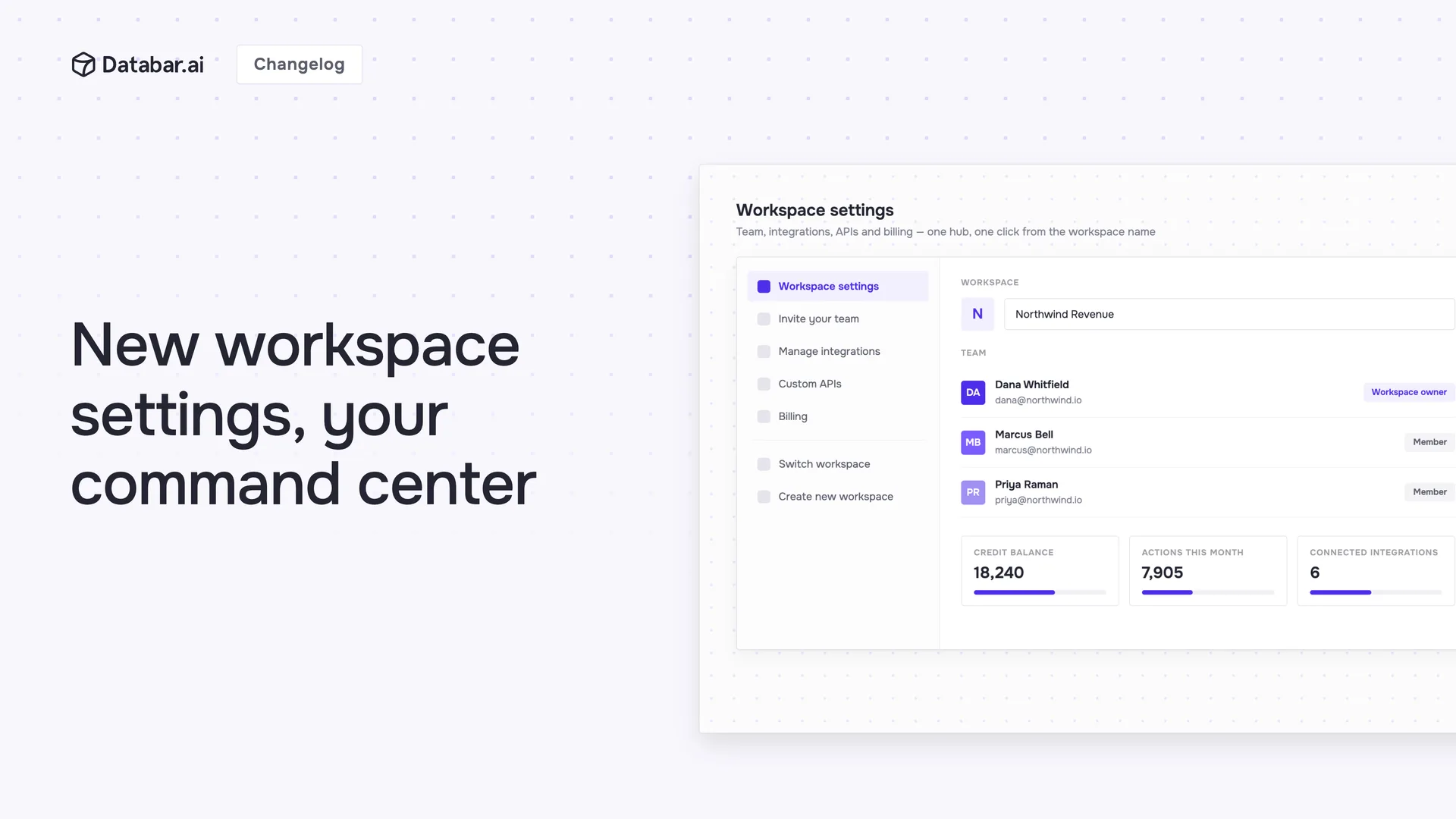 Databar workspace settings — team, integrations, custom APIs and billing in one hub