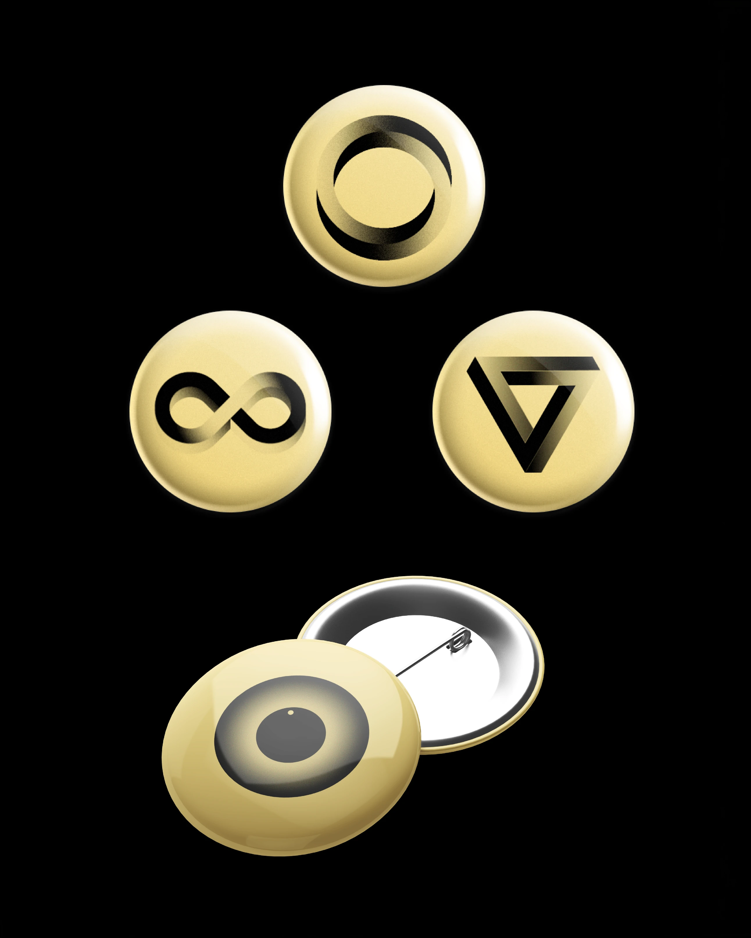 Lemon & Hijos gold badges with infinity, triangle and eye symbols, brand and illustration design by Sebastian Saavedra