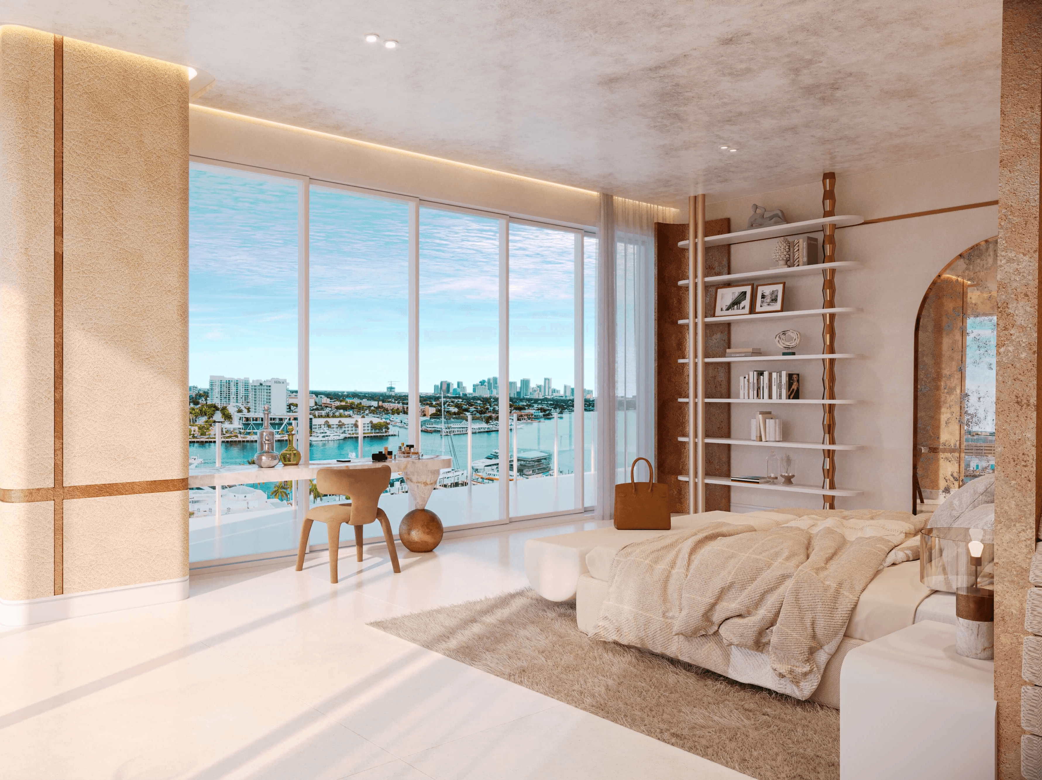 Luxury primary bedroom with custom shelving, soft neutral palette, and floor-to-ceiling waterfront windows.
