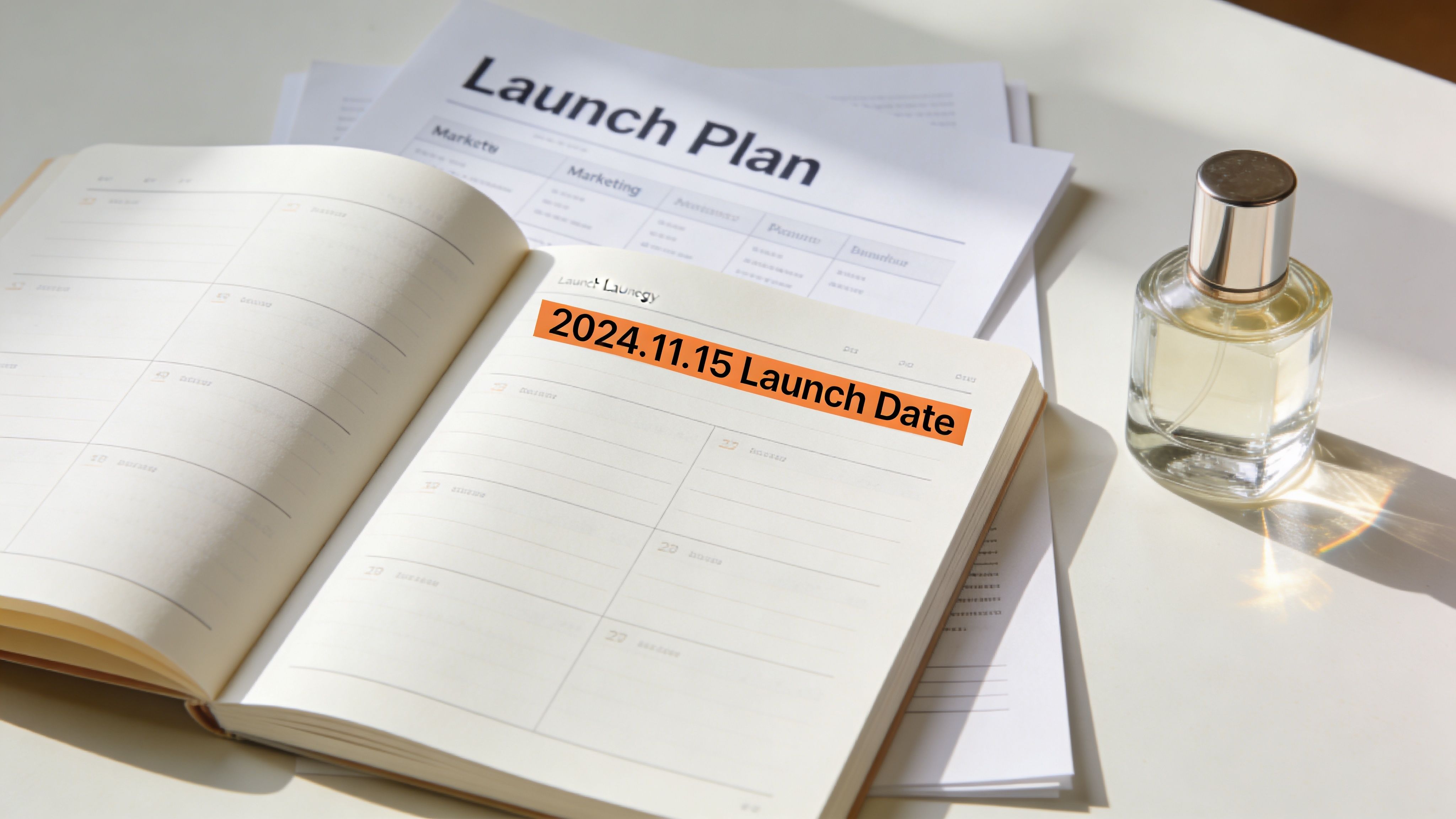 An open planner on a desk next to a perfume bottle for an online boutique launch