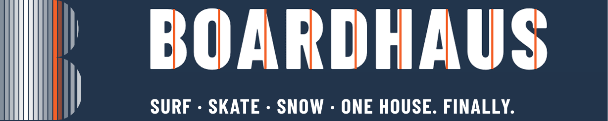 Boardhaus logo, includes B symbols plus wordmark, the word "Boardhaus" and a tagline "SURF SKATE SNOW ONE HOUSE FINALLY"