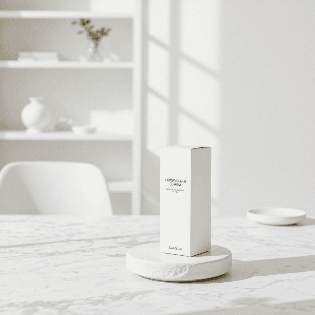 product photography of box and bottle of serum