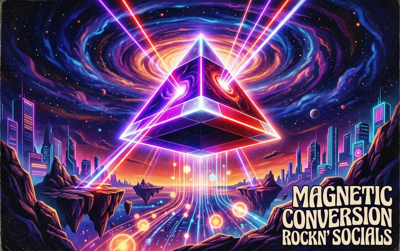 Futuristic cityscape with glowing pyramid, RockN’ Socials Digital Marketing Agency.