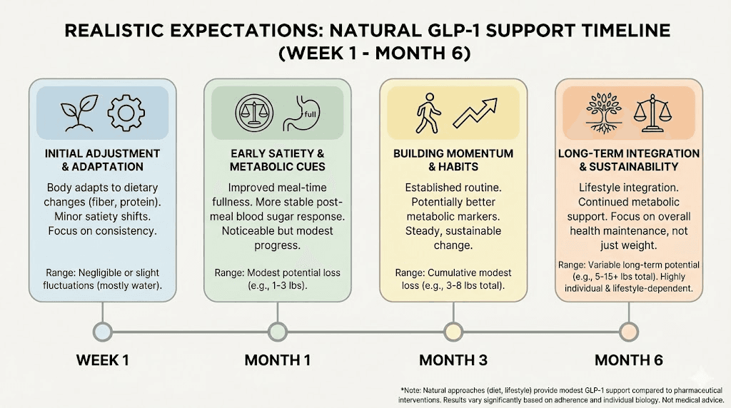 Expected results timeline for Thrive GLP-1 showing weekly and monthly progress benchmarks