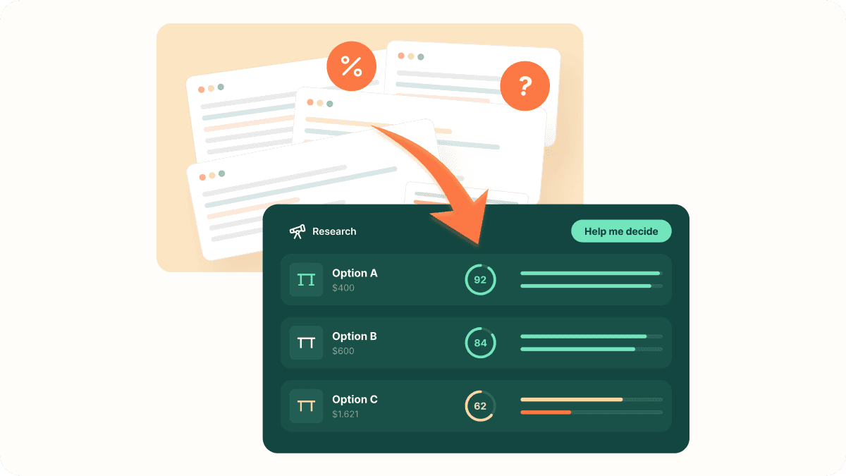 Scattered documents full of gaps and unknowns feed into a single scored comparison of three options.