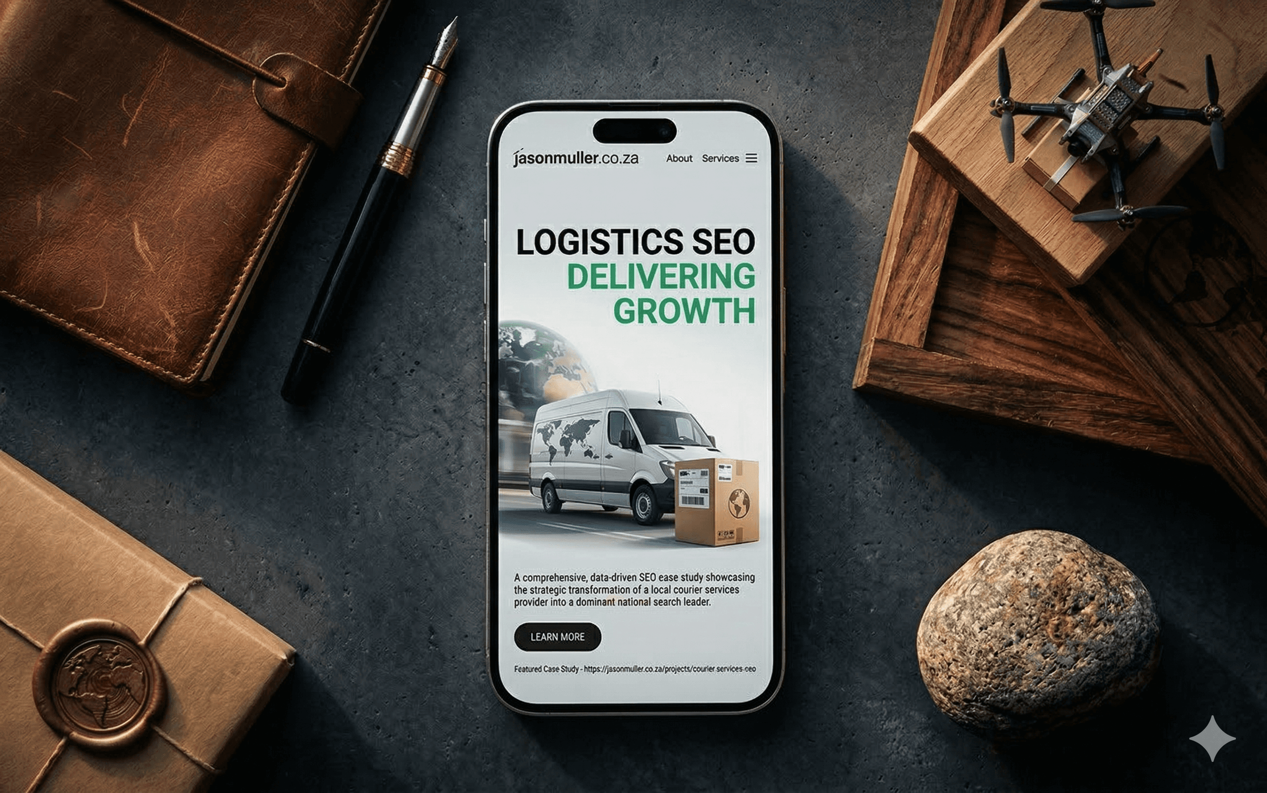 Mobile phone with courier vehicle on a desk with packages, a drone and some notebooks