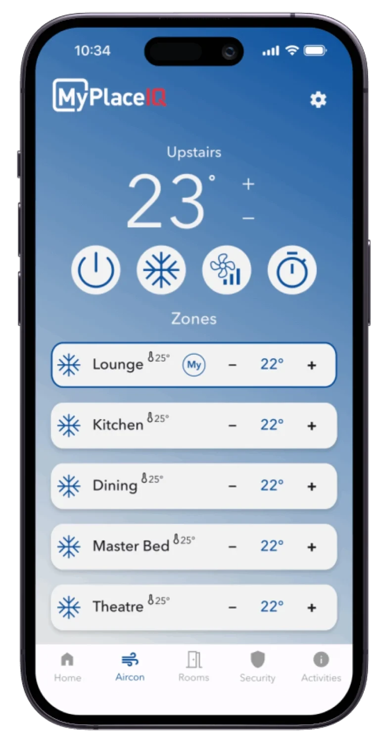 MyPlaceIQ app interface showing multi-zone air-conditioning control on a smartphone.