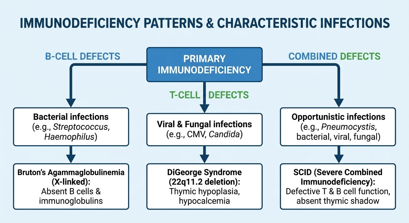 USMLE Step 1 immunodeficiency infection patterns flowchart