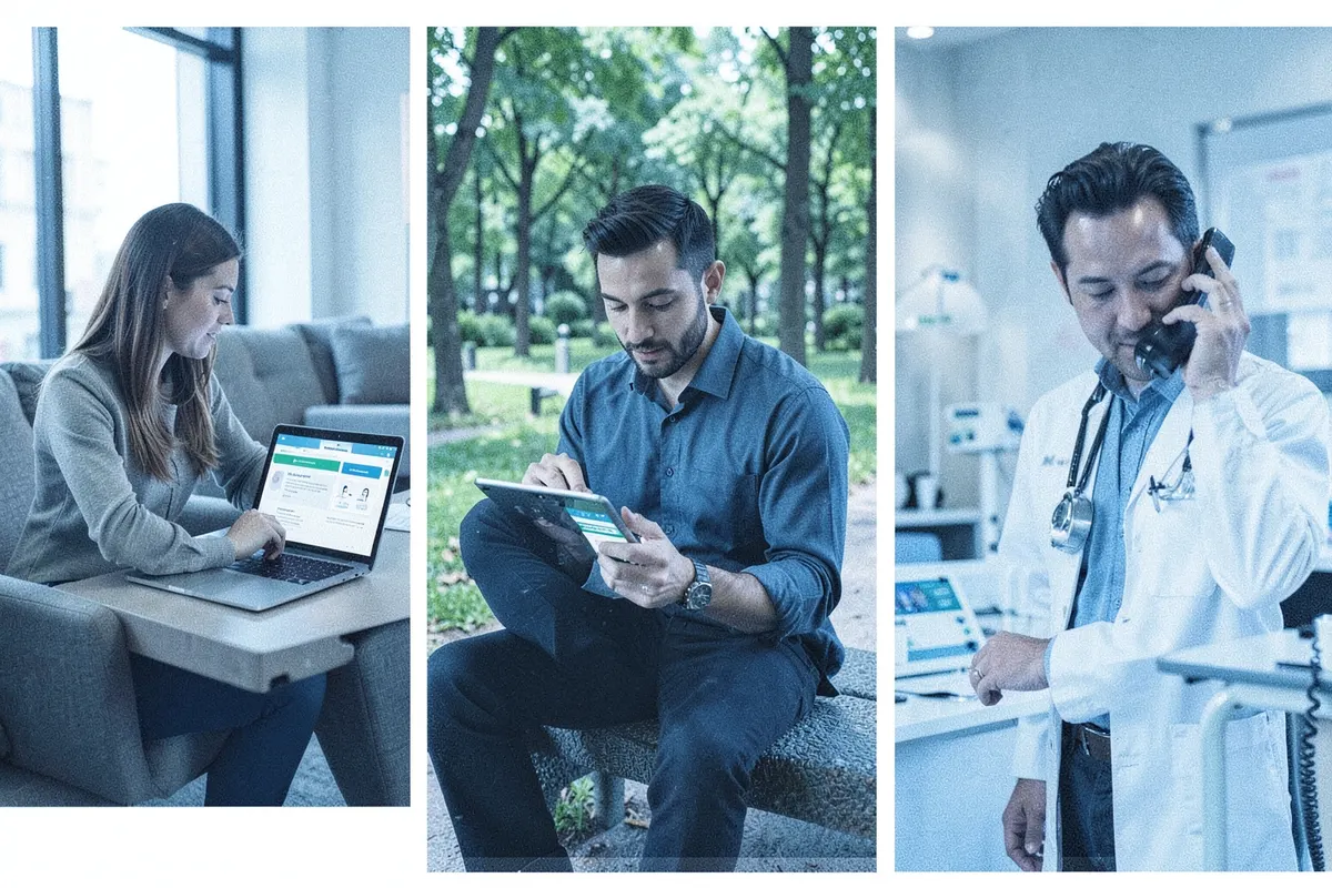 A collage of diverse people using telehealth services on various devices.