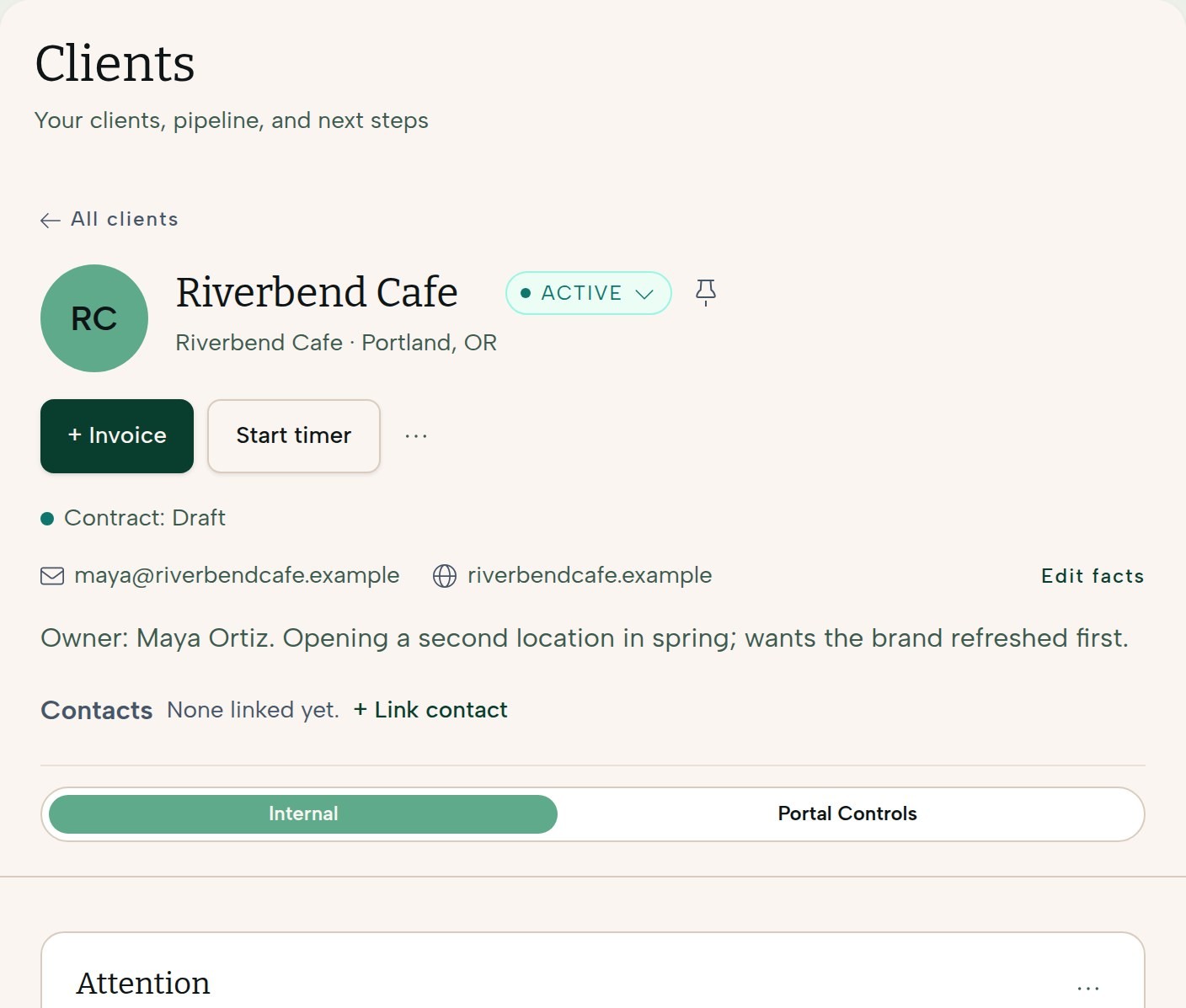 Aventide client room for Riverbend Cafe: client details, the next step, a new booking and the client to-dos in one place.