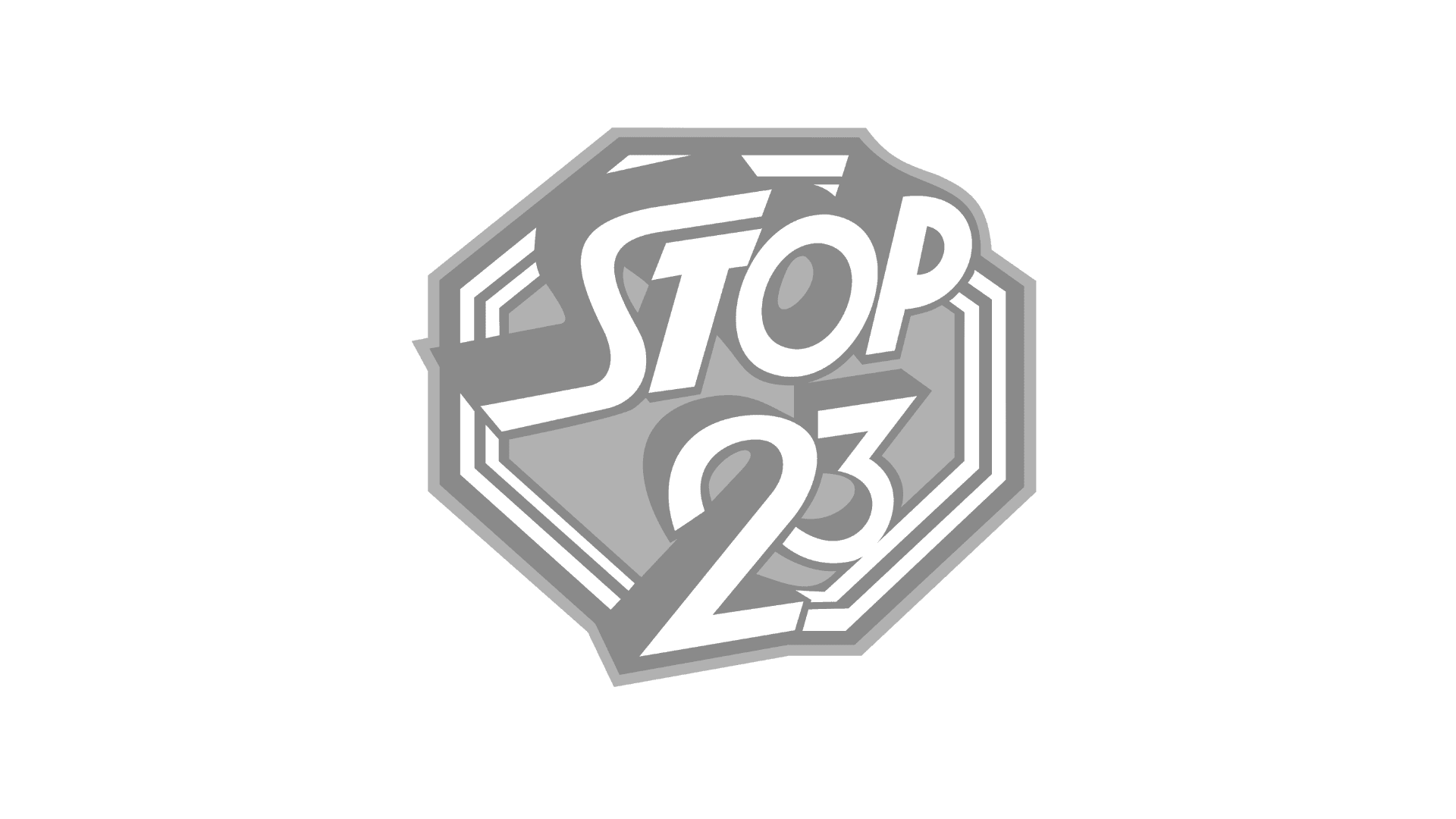 A stylized "Stop 23" logo is centered, featuring bold, angular lettering overlapping a geometric, shield-like design in grayscale.