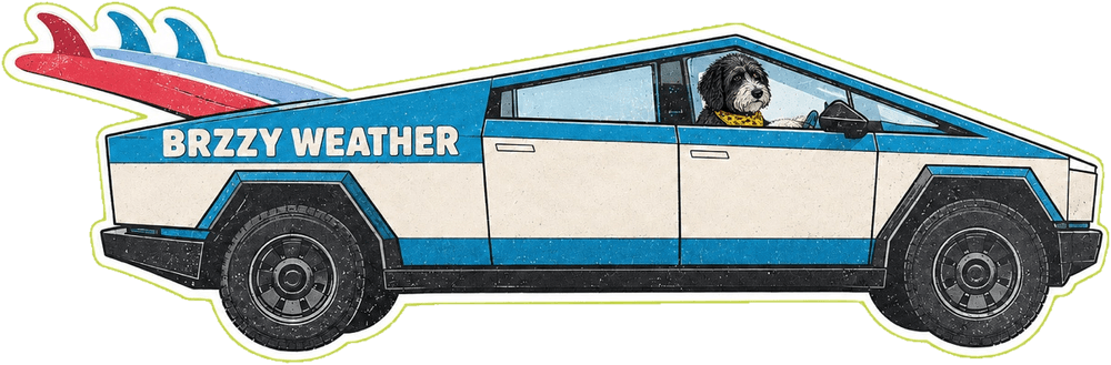 Brzzy Weather sticker art: a blue and cream Cybertruck with a dog driving and surfboards in the back
