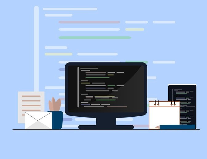 The image depicts a developer's desk featuring multiple monitors, each displaying code editors with open files focused on keyboard event handling, including key codes like the shift key, control key, and various special keys. The environment suggests an active coding session, with documentation visible that may assist in updating existing code and understanding keypress events.