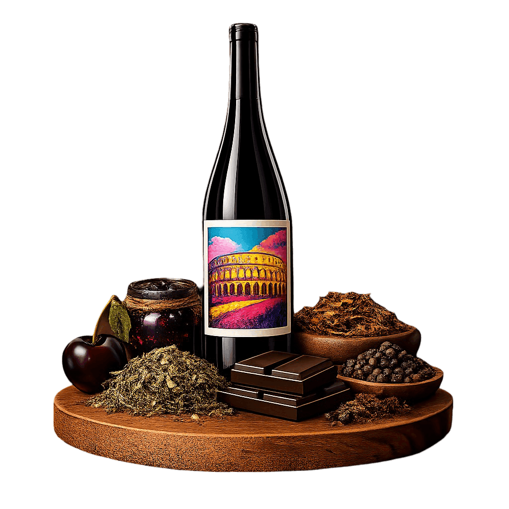 Artistic label and flavor profile for Croatian Red Blend on a rustic wooden table.