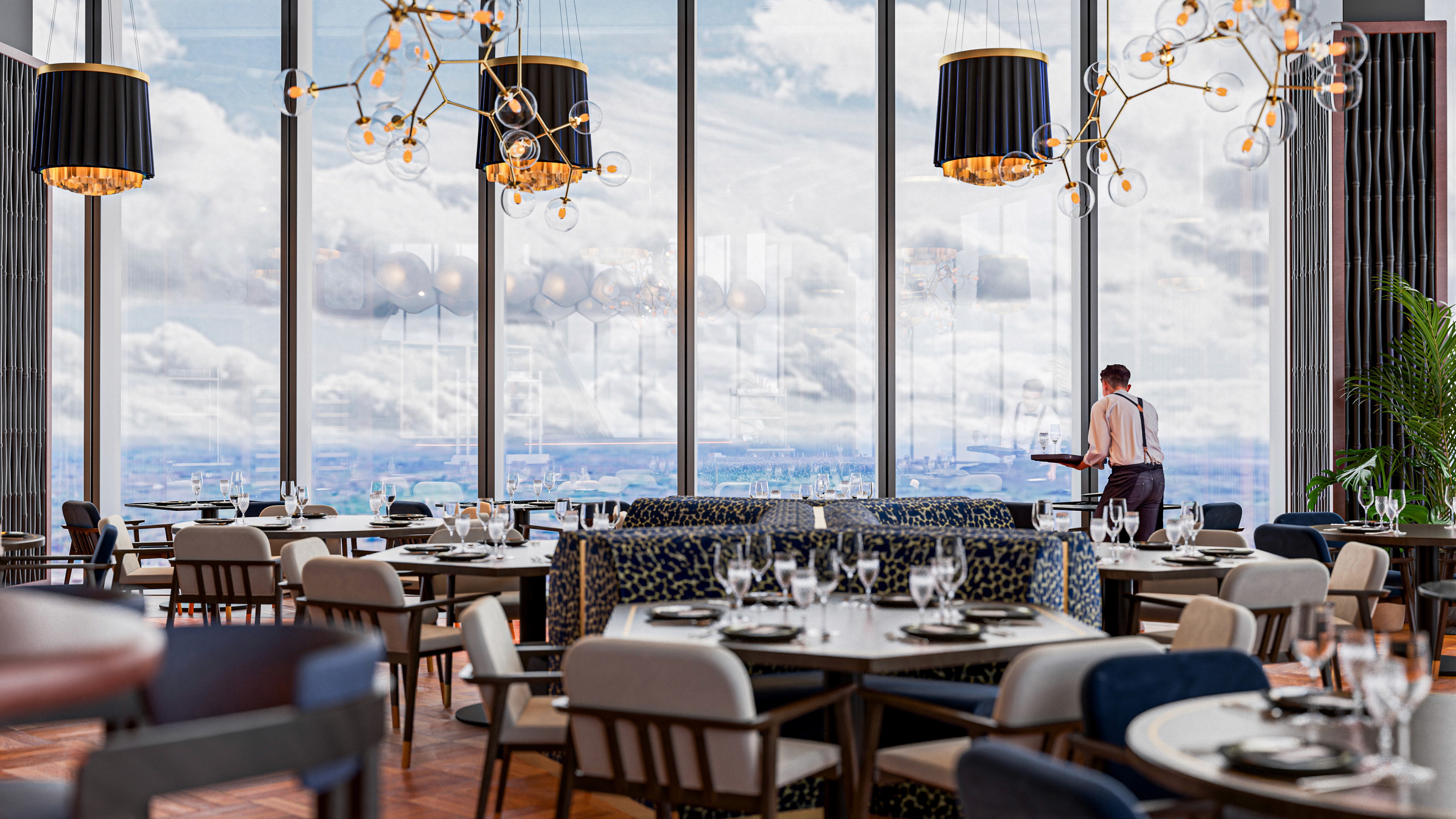 Luxury interior of Lucky Cat Restaurant by Gordon Ramsay at 22 Bishopsgate London, designed by Russell Sage Studio and PLP Architecture, CGI visualisation by Pixelspaces James Lyons