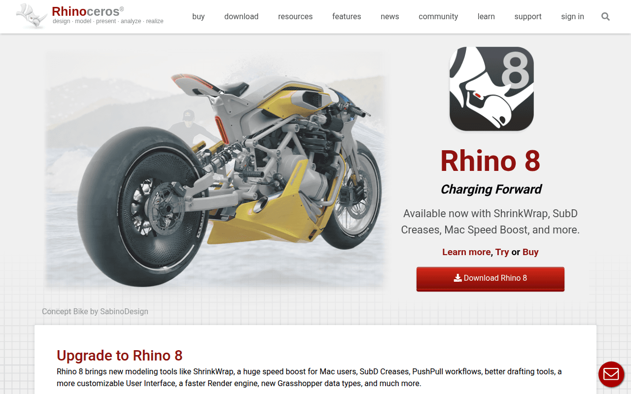 Rhino 8 homepage screenshot showing NURBS modeling software with a concept motorcycle render