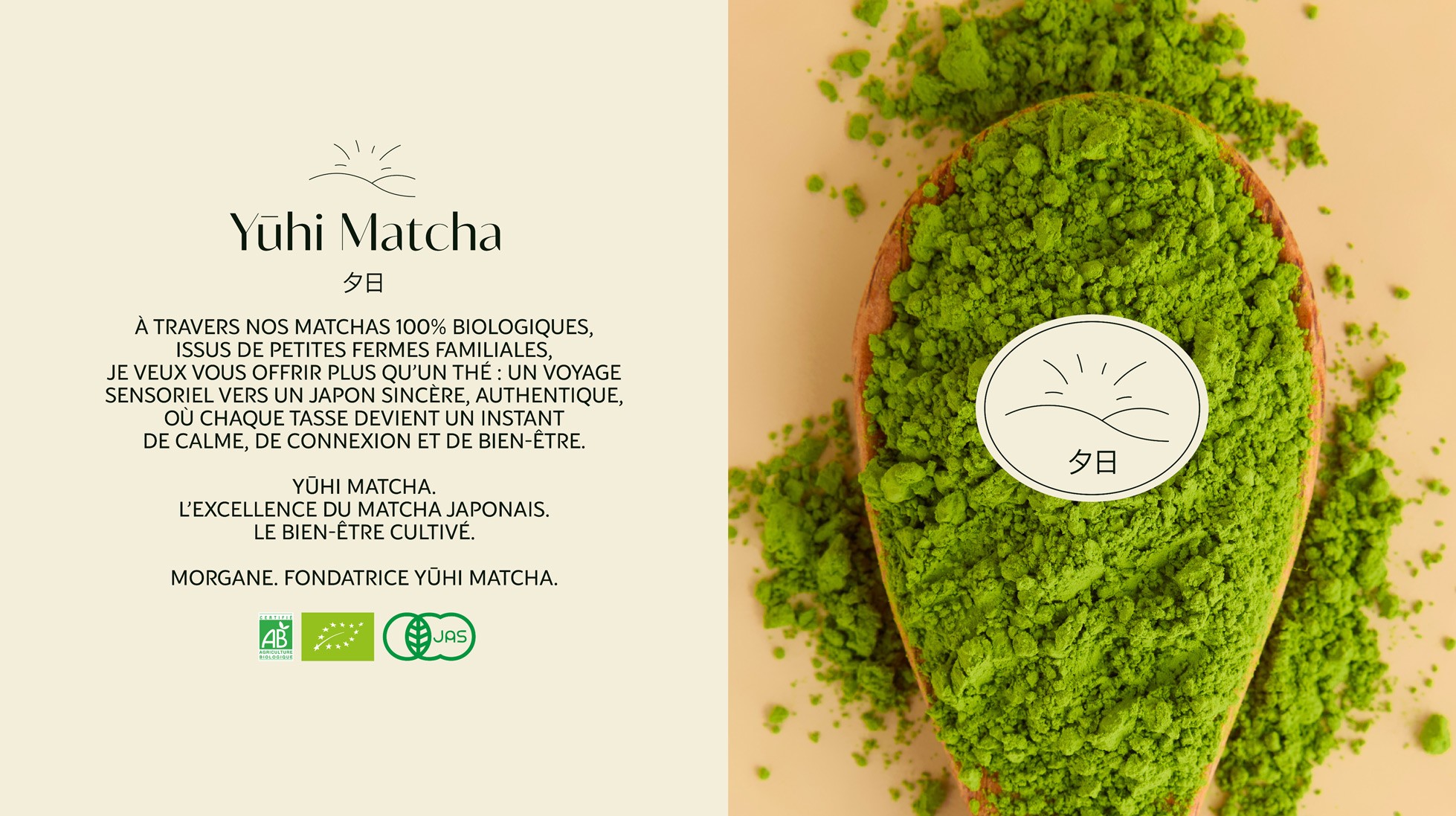Présentation de la marque + logo + logos bio + photo d'une cuillère avec du matcha